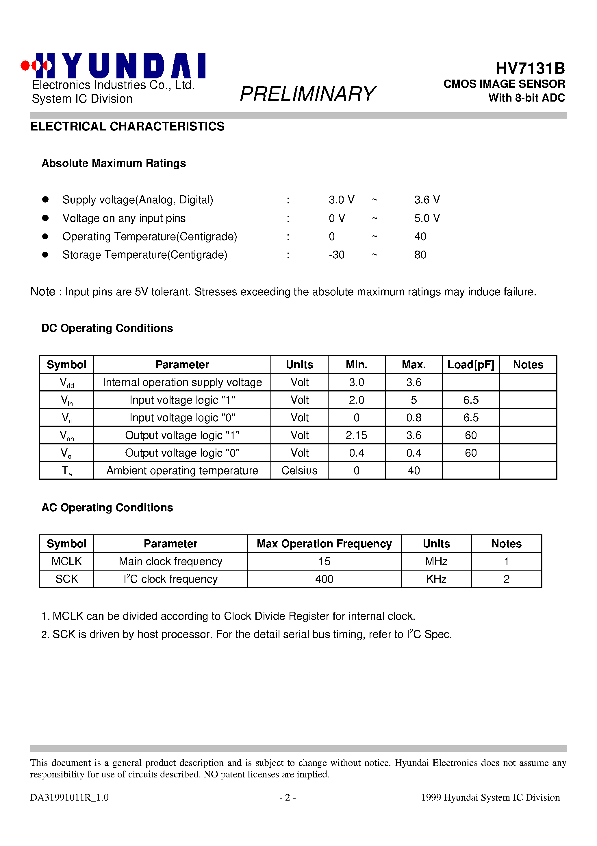 Datasheet HV7131B - CMOS IMAGE SENSOR With 8-bit ADC page 2