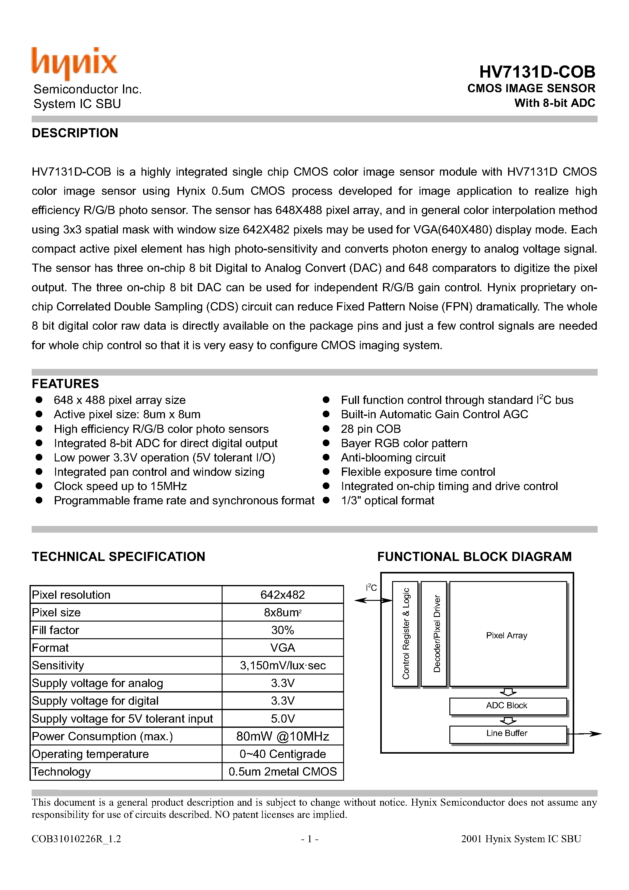 Datasheet HV7131D-COB - CMOS IMAGE SENSOR With 8-bit ADC page 1