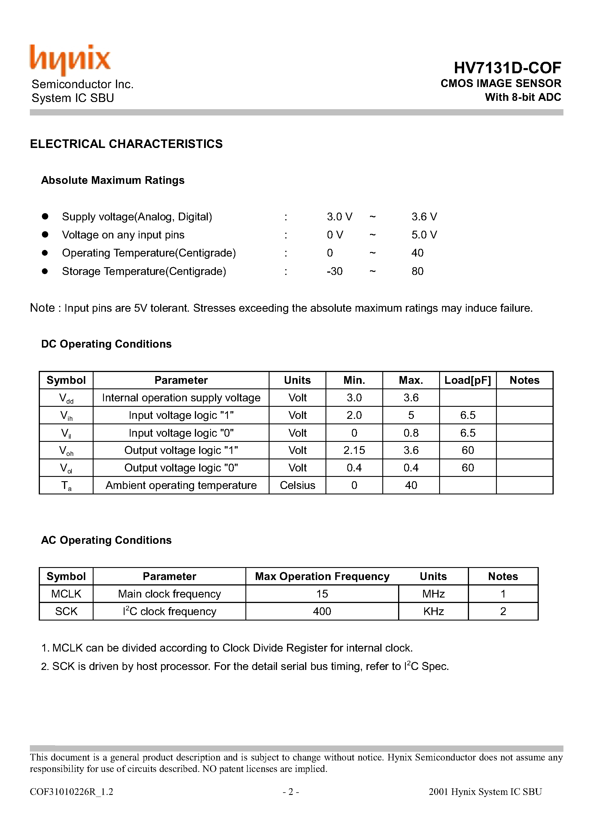 Datasheet HV7131D-COF - CMOS IMAGE SENSOR With 8-bit ADC page 2