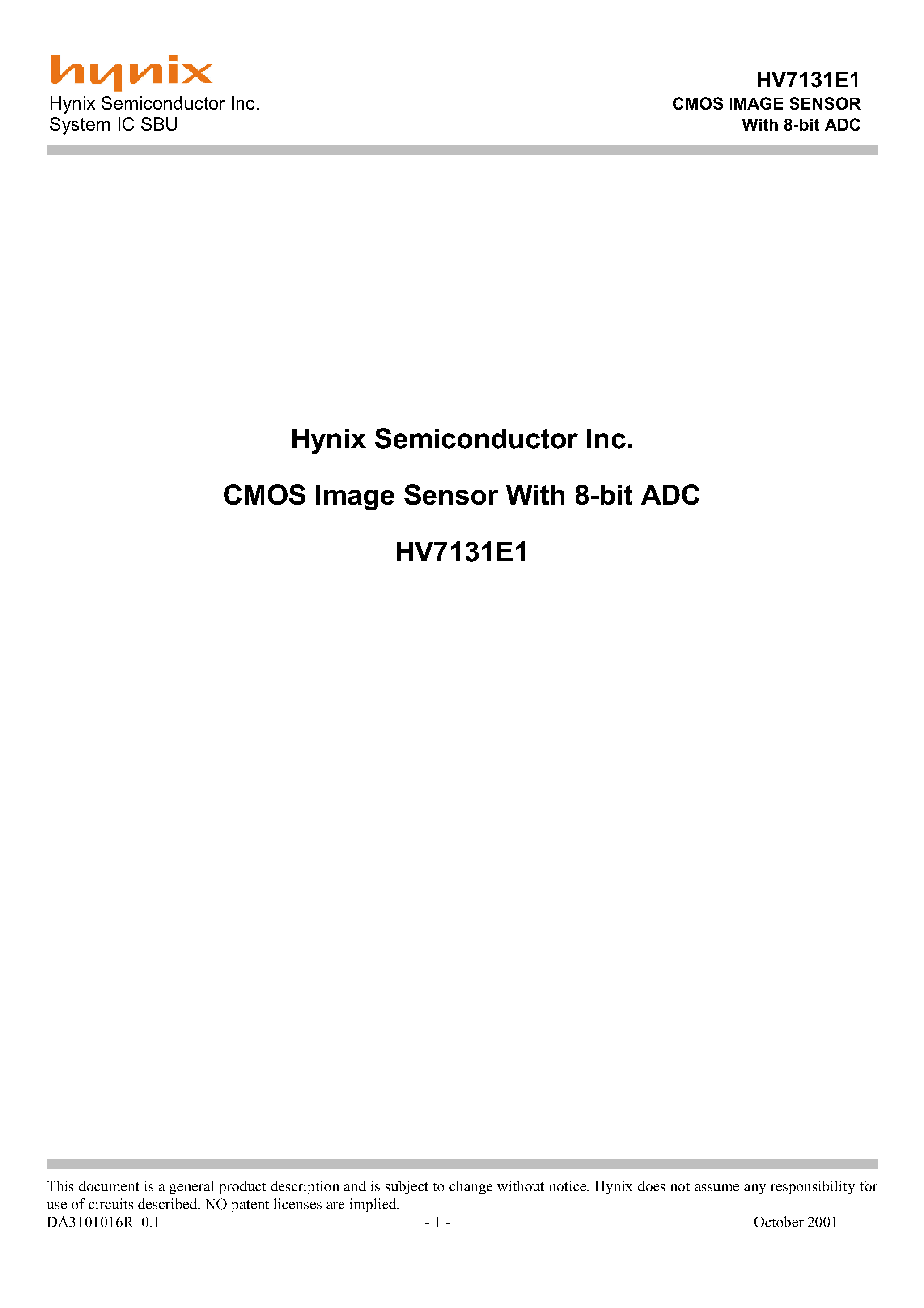 Datasheet HV7131E1 - CMOS IMAGE SENSOR With 8-bit ADC page 1