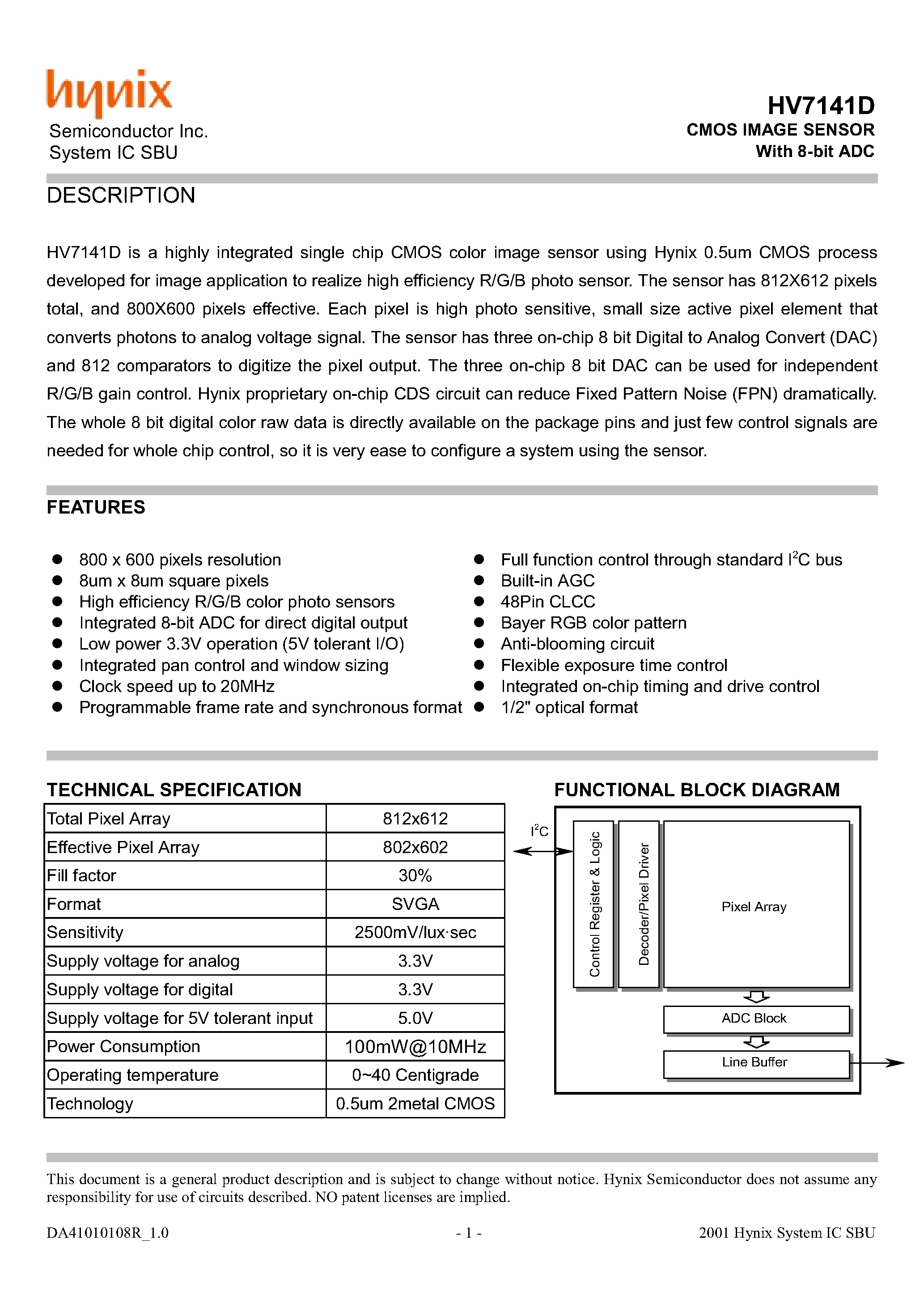 Datasheet HV7141D - CMOS IMAGE SENSOR With 8-bit ADC page 1