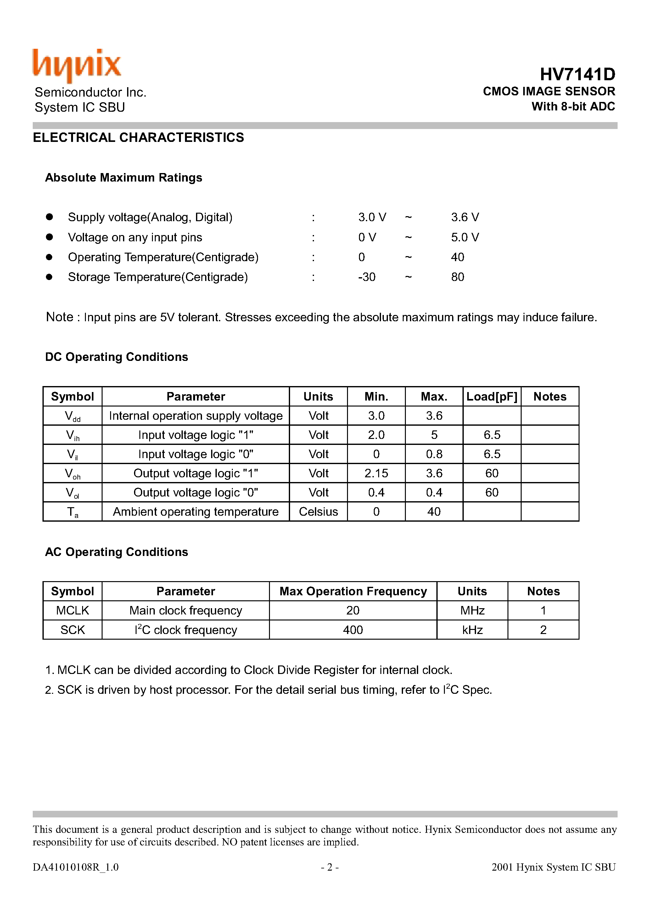 Datasheet HV7141D - CMOS IMAGE SENSOR With 8-bit ADC page 2