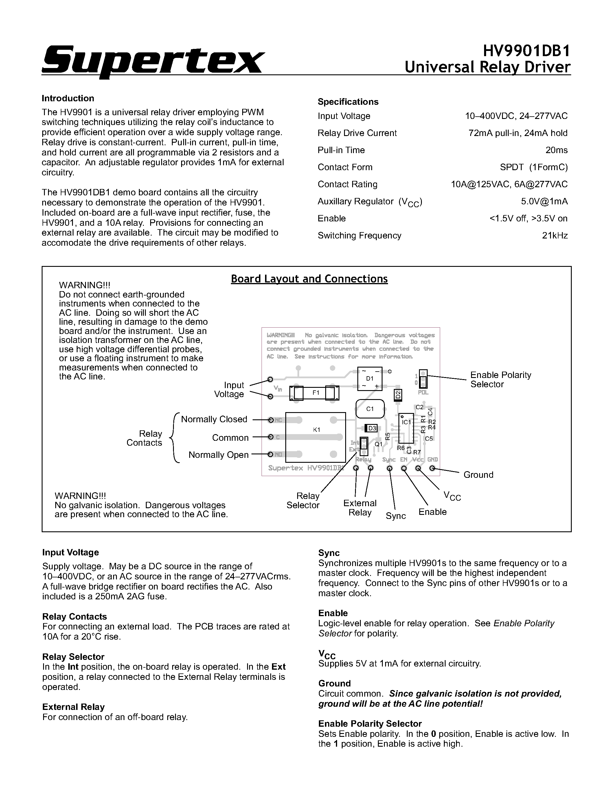 Даташит HV9901DB1 - Universal Relay Driver страница 1