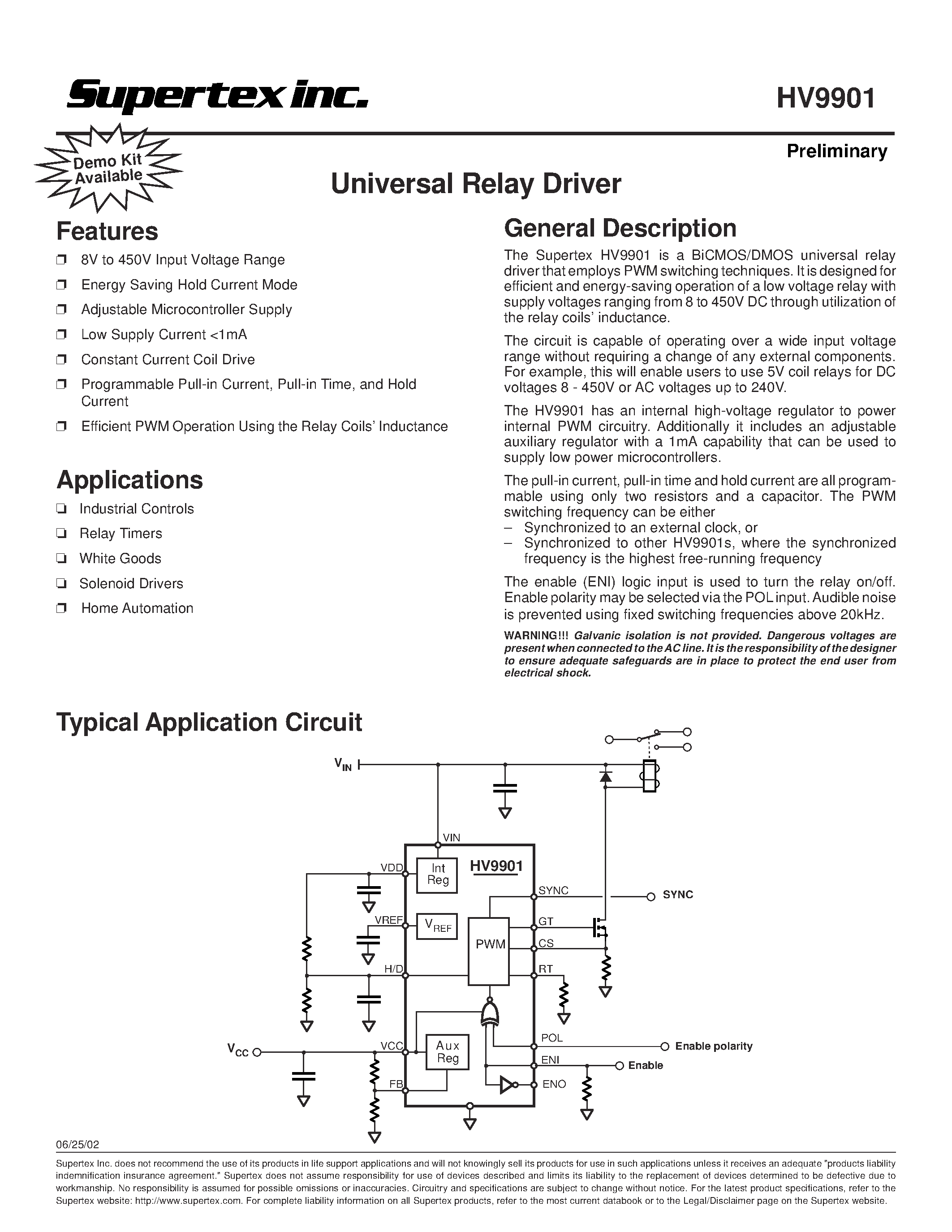Даташит HV9901NG - Universal Relay Driver страница 1