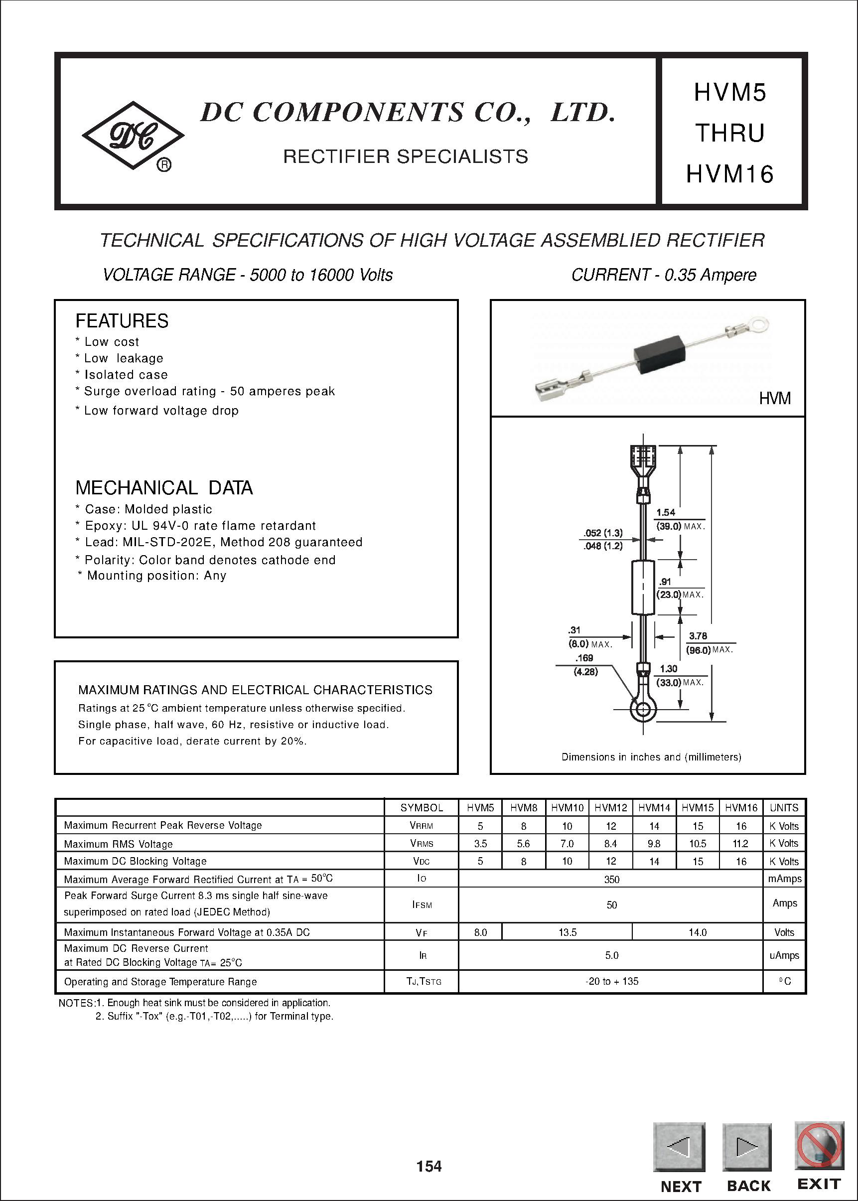 Datasheet HVM12 page 1 Datasheet HVM12 - TECHNICAL SPECIFICATIONS OF HIGH VOLTAGE ASSEMBLIED RECTIFIER page 1