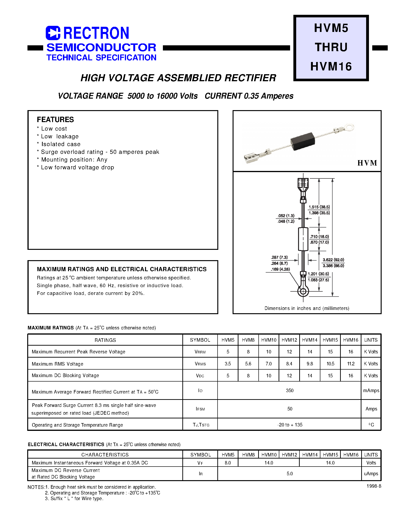 Datasheet HVM16 page 1 Datasheet HVM16 - HIGH VOLTAGE ASSEMBLIED RECTIFIER (VOLTAGE RANGE 5000 to 16000 Volts CURRENT 0.35 Amperes) page 1