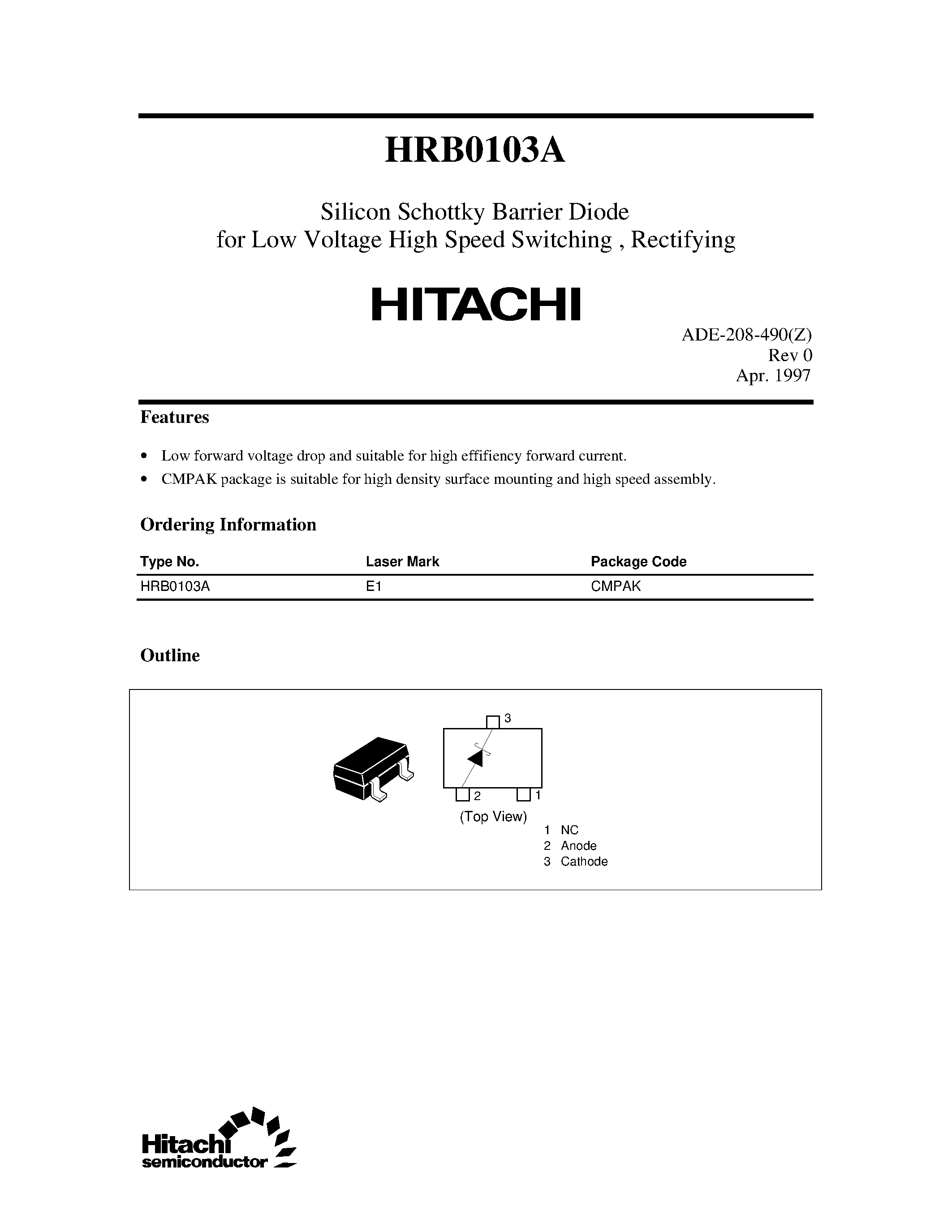 Datasheet HRB0103A - Silicon Schottky Barrier Diode for Low Voltage High Speed Switching / Rectifying page 1
