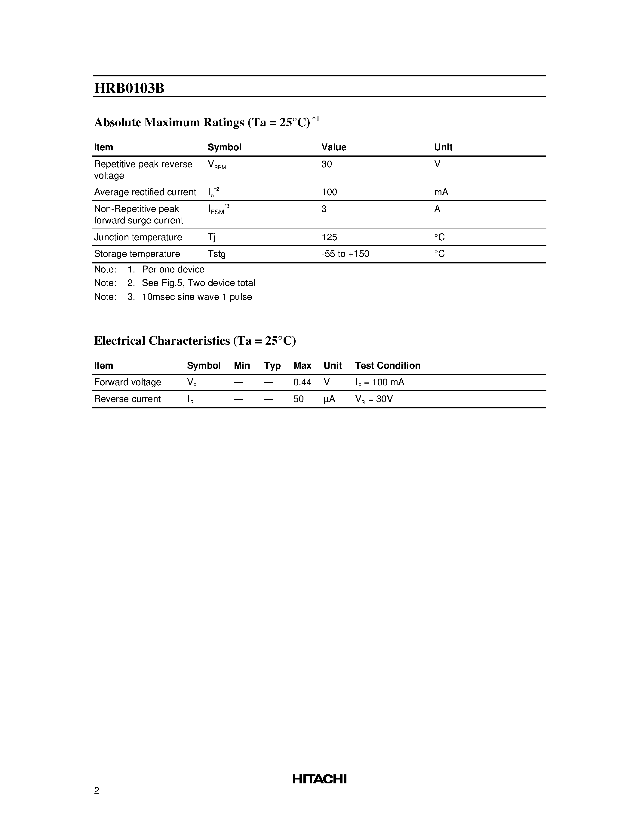 Datasheet HRB0103B page 2 Datasheet HRB0103B - Silicon Schottky Barrier Diode for Low Voltage High Speed Switching / Rectifying page 2