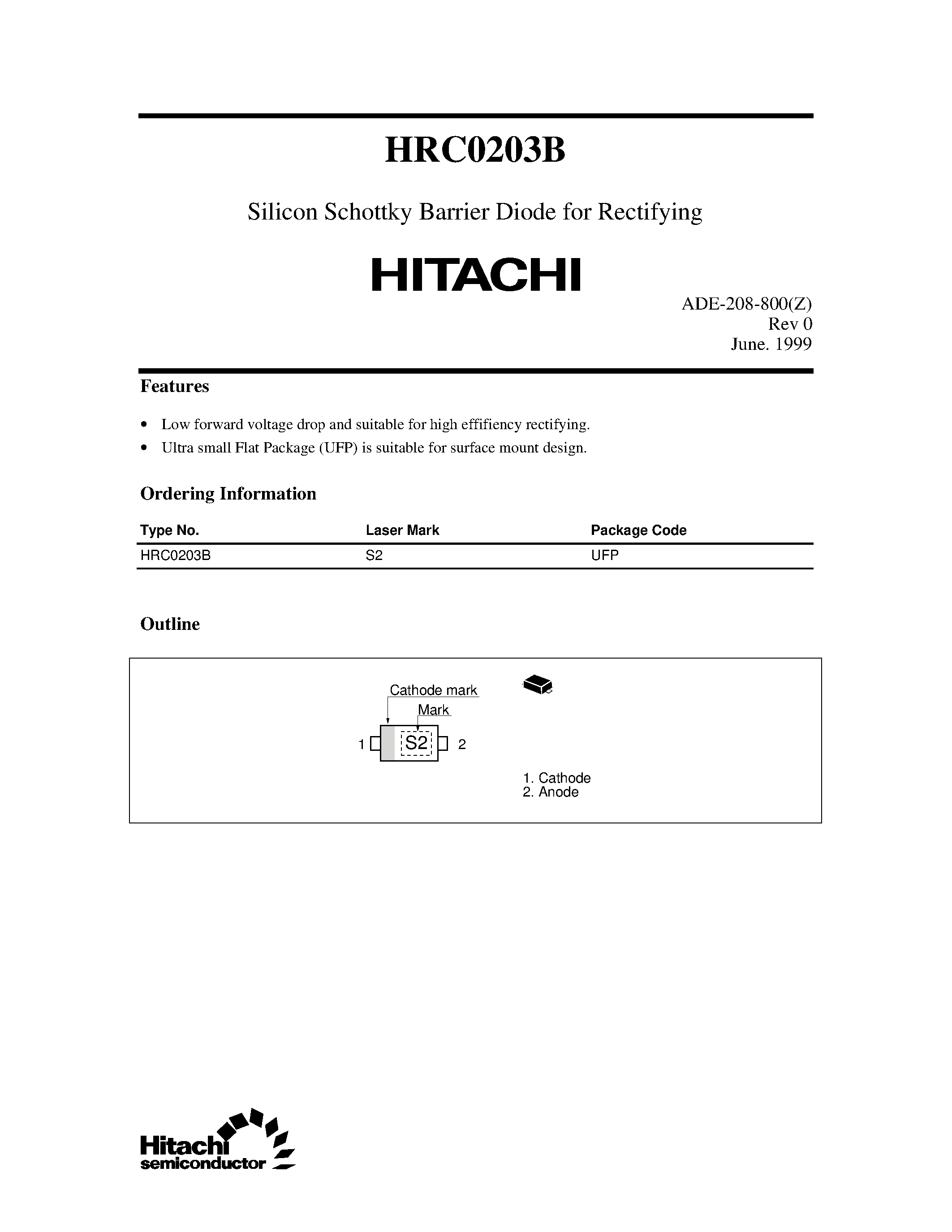 Datasheet HRC0203B - Silicon Schottky Barrier Diode for Rectifying page 1
