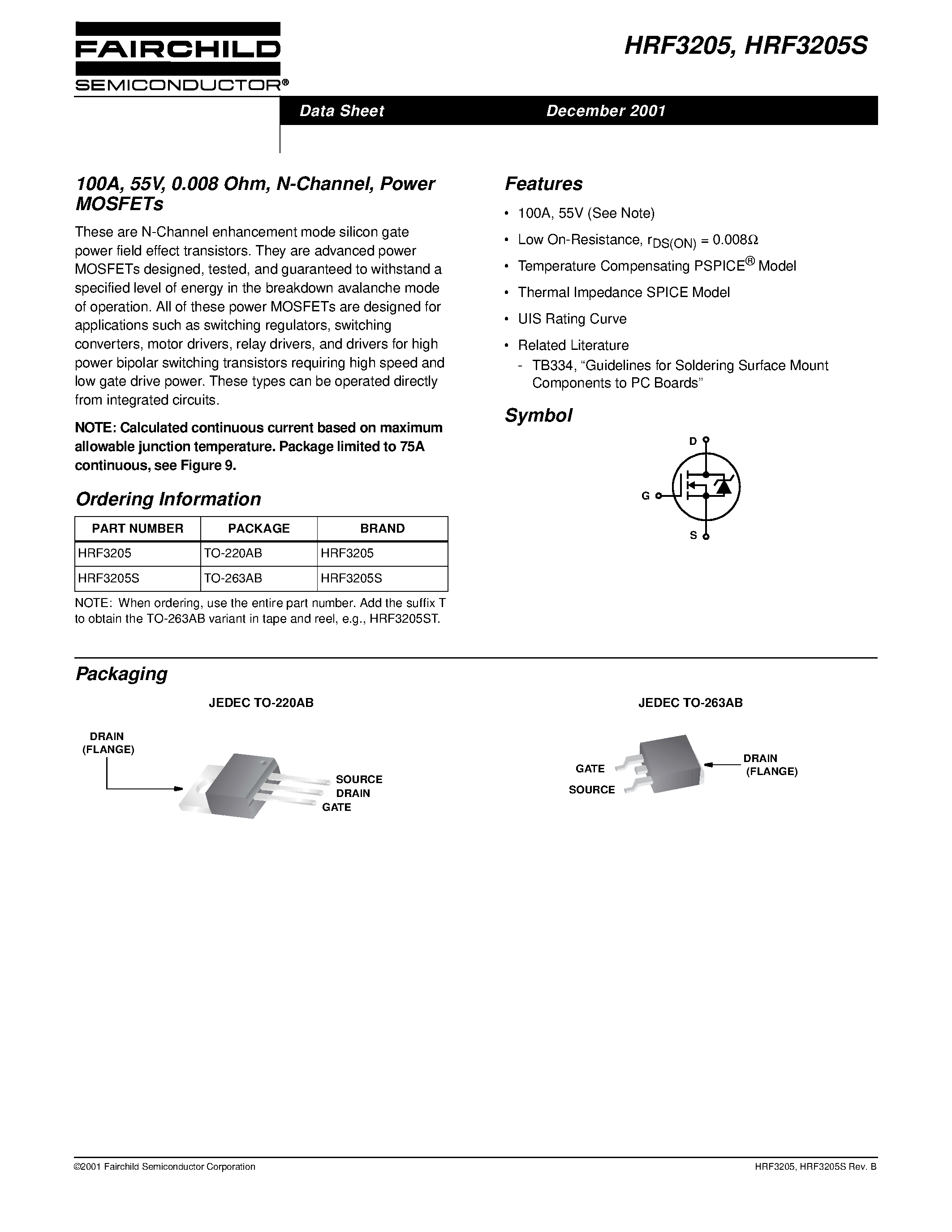 Datasheet HRF3205 - 100A/ 55V/ 0.008 Ohm/ N-Channel/ Power MOSFETs page 1