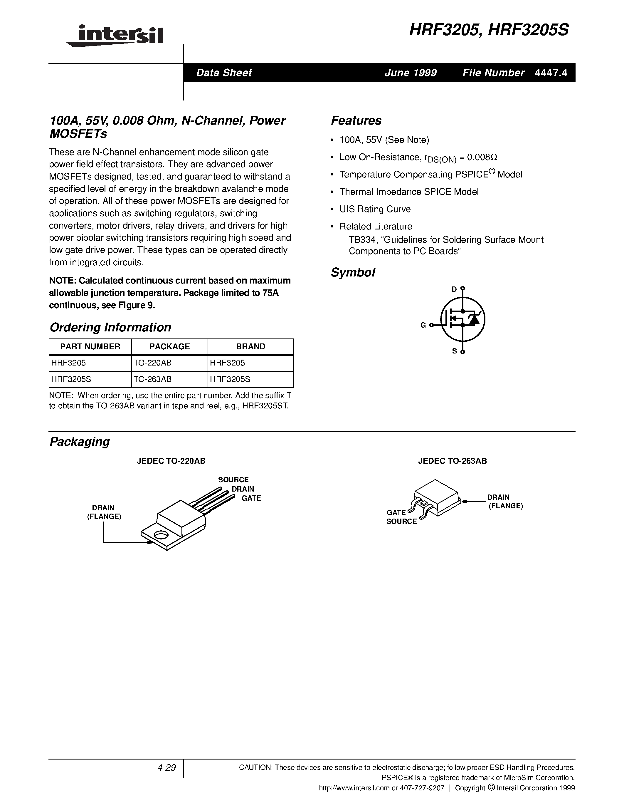 Datasheet HRF3205 page 1 Datasheet HRF3205 - 100A/ 55V/ 0.008 Ohm/ N-Channel/ Power MOSFETs page 1
