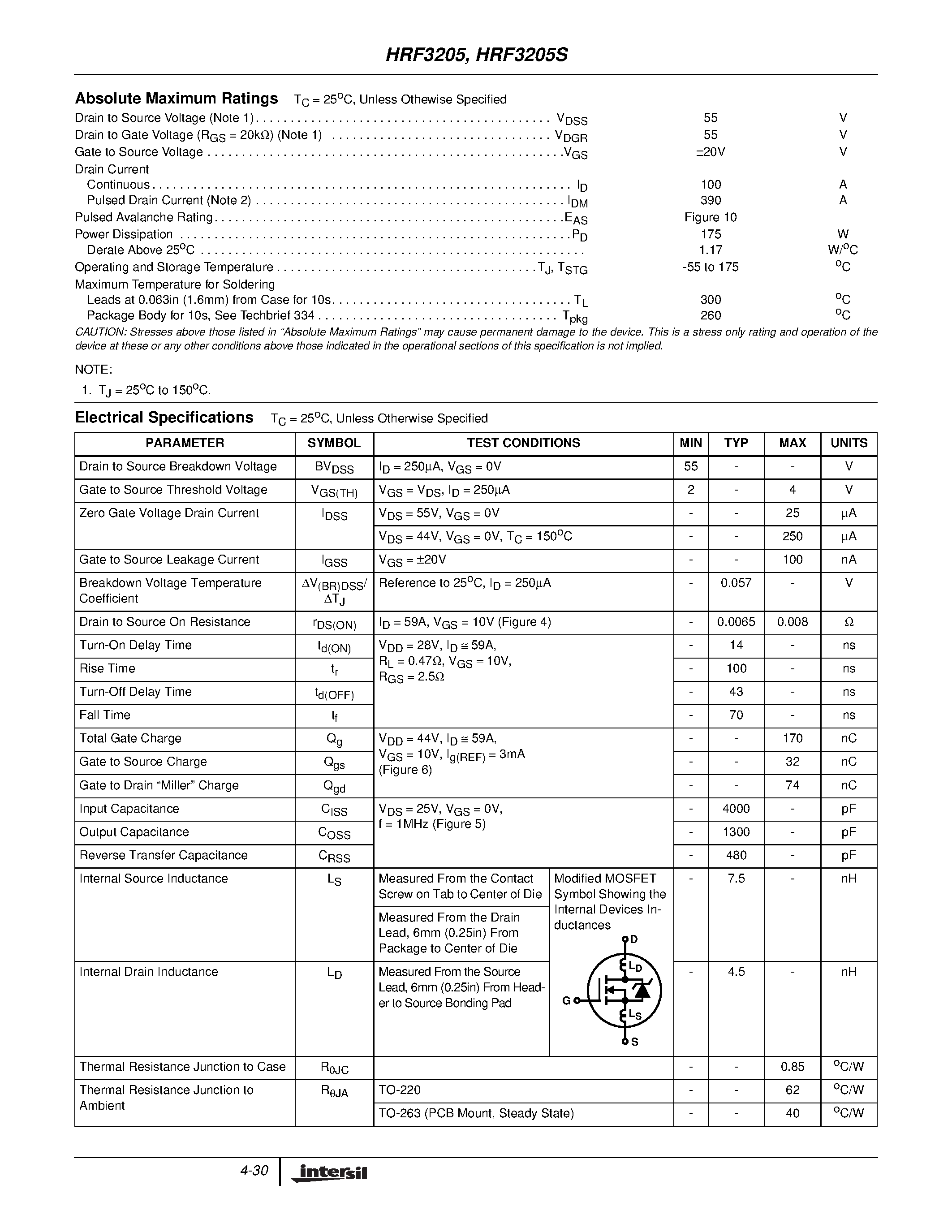 Datasheet HRF3205 page 2 Datasheet HRF3205 - 100A/ 55V/ 0.008 Ohm/ N-Channel/ Power MOSFETs page 2