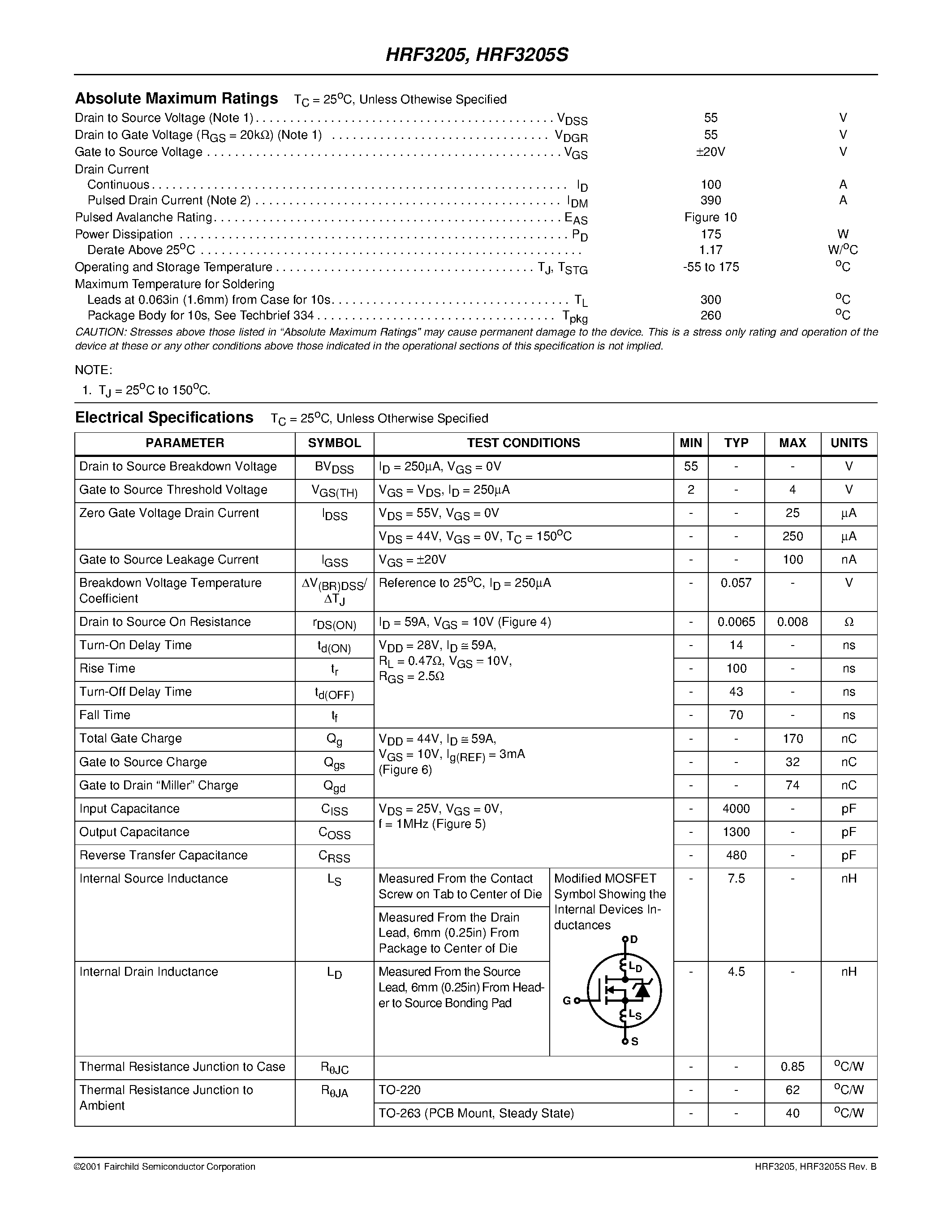 Datasheet HRF3205S page 2 Datasheet HRF3205S - 100A/ 55V/ 0.008 Ohm/ N-Channel/ Power MOSFETs page 2
