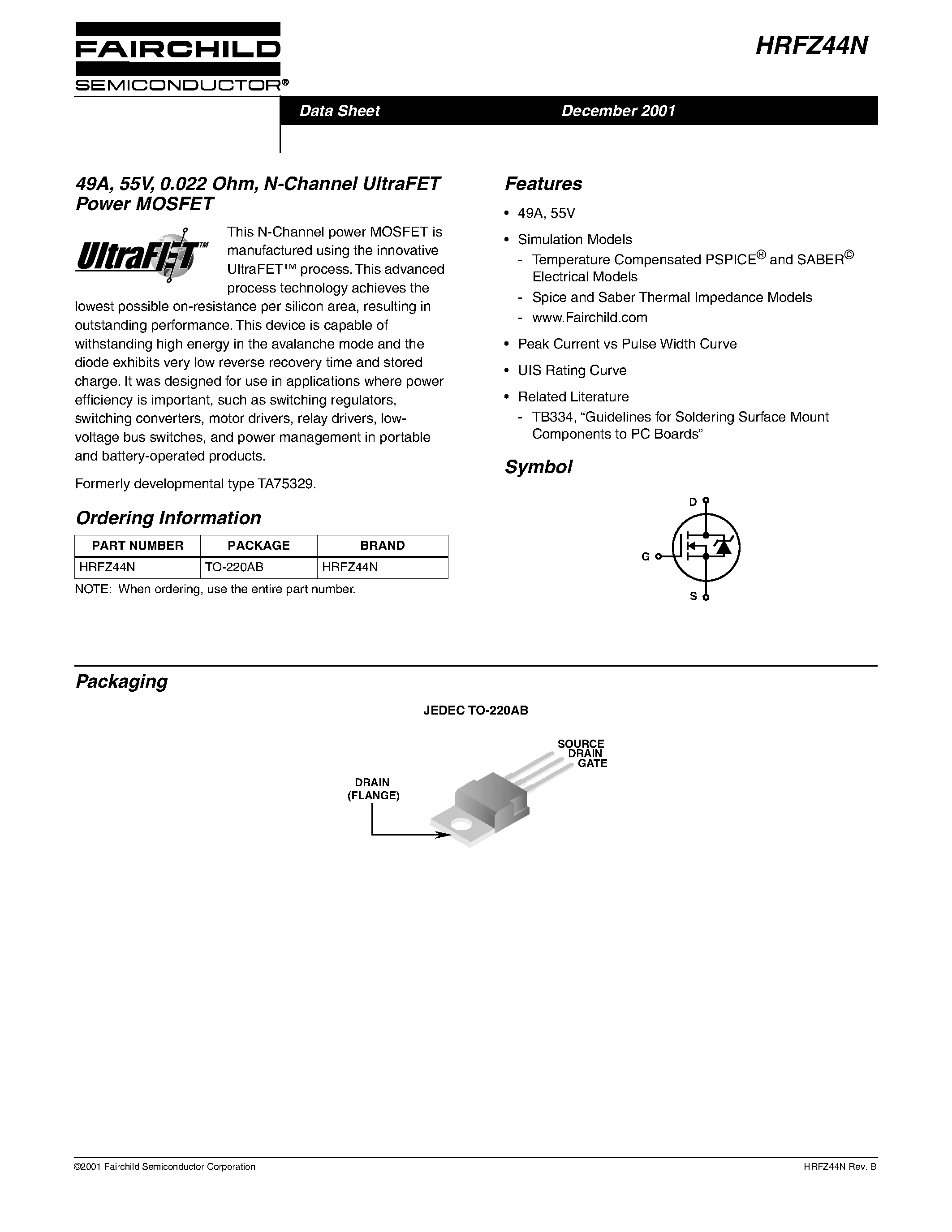 Datasheet HRFZ44N - 49A/ 55V/ 0.022 Ohm/ N-Channel UltraFET Power MOSFET page 1