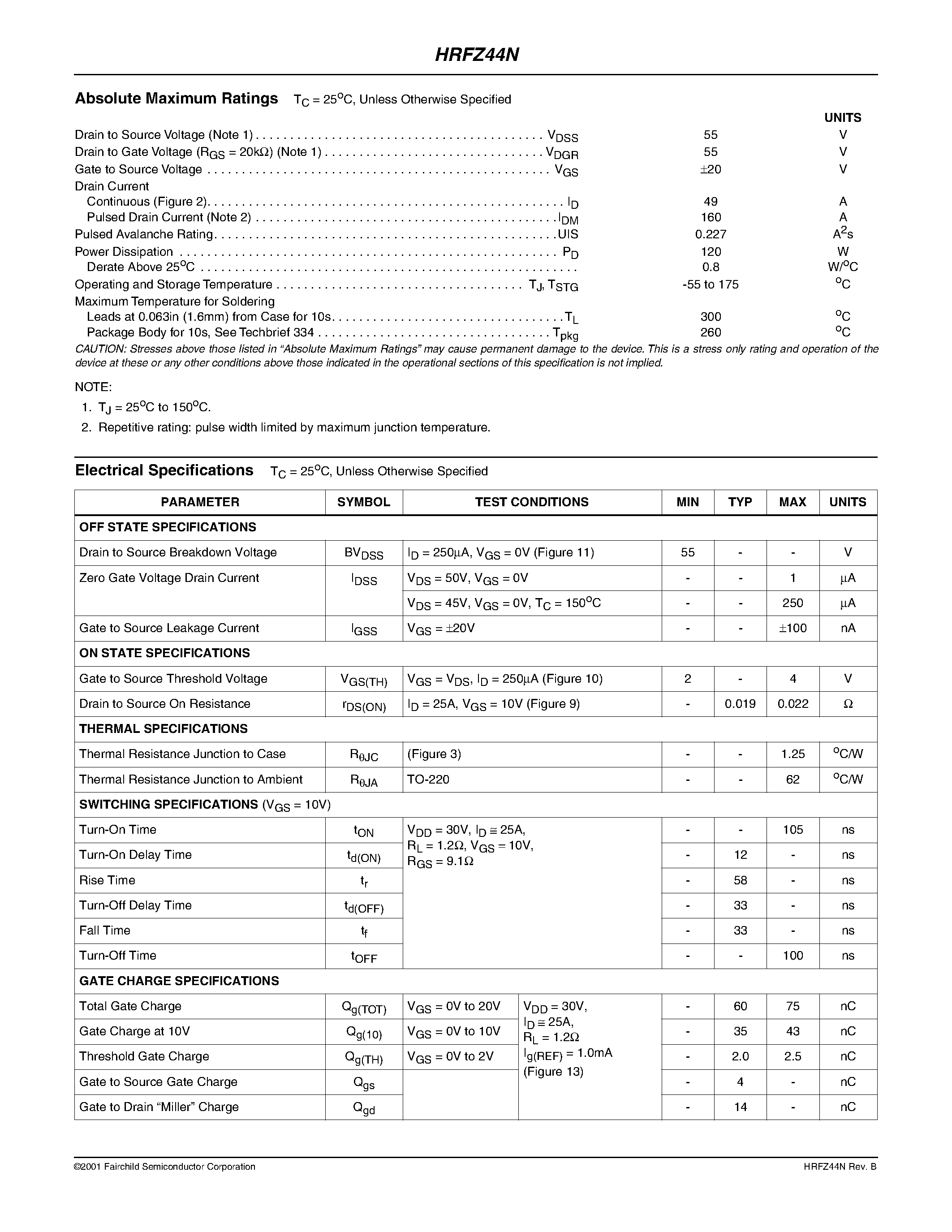 Datasheet HRFZ44N - 49A/ 55V/ 0.022 Ohm/ N-Channel UltraFET Power MOSFET page 2