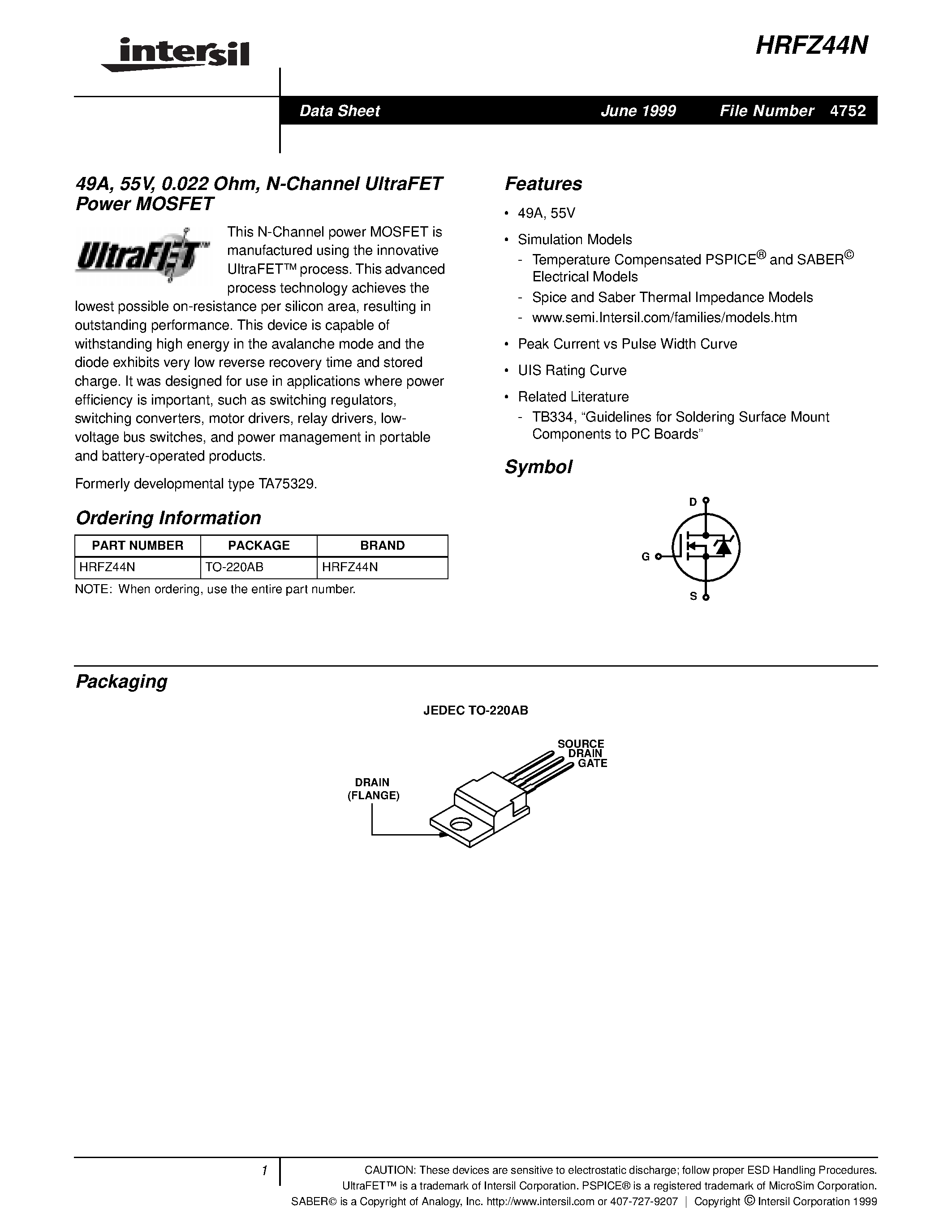 Datasheet HRFZ44N page 1 Datasheet HRFZ44N - 49A/ 55V/ 0.022 Ohm/ N-Channel UltraFET Power MOSFET page 1