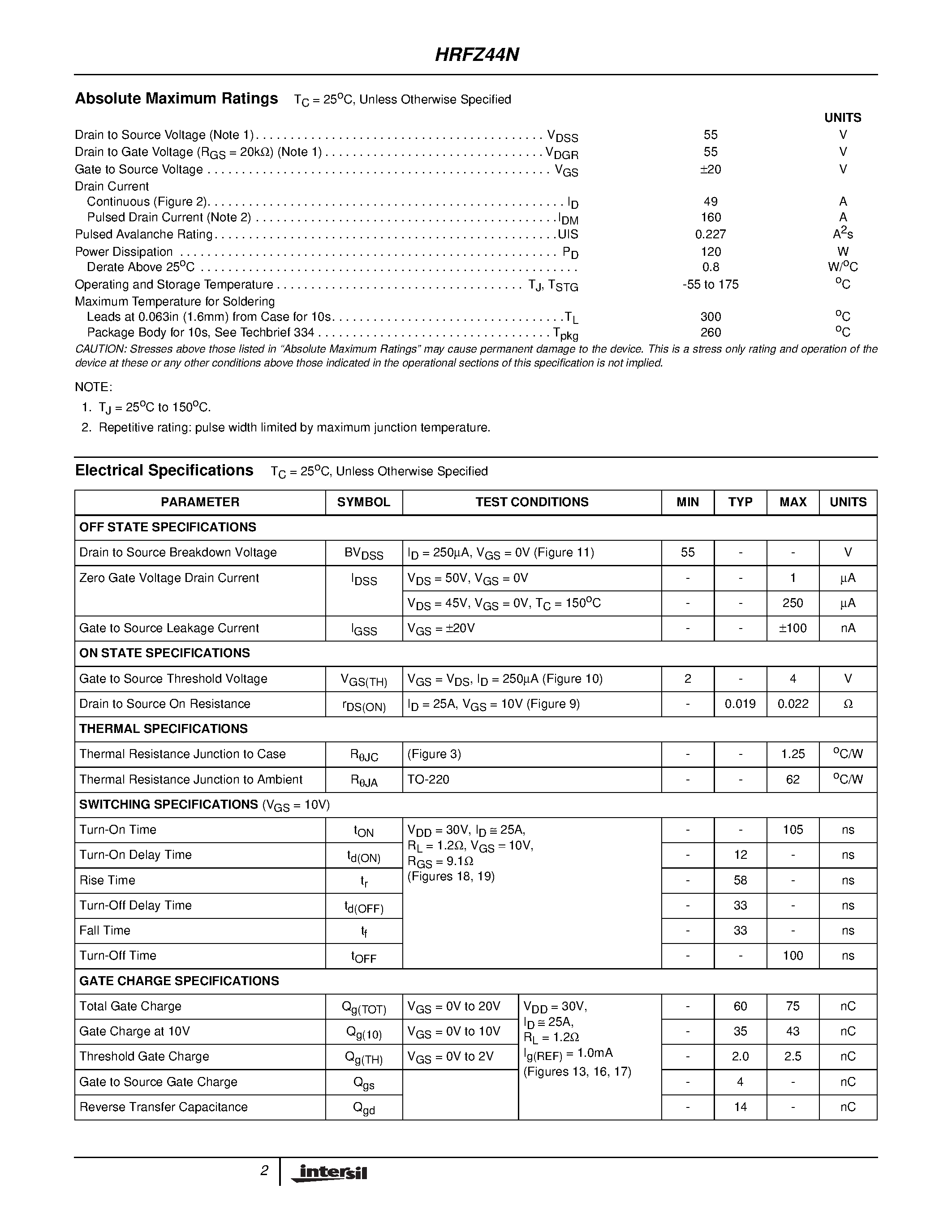 Datasheet HRFZ44N page 2 Datasheet HRFZ44N - 49A/ 55V/ 0.022 Ohm/ N-Channel UltraFET Power MOSFET page 2