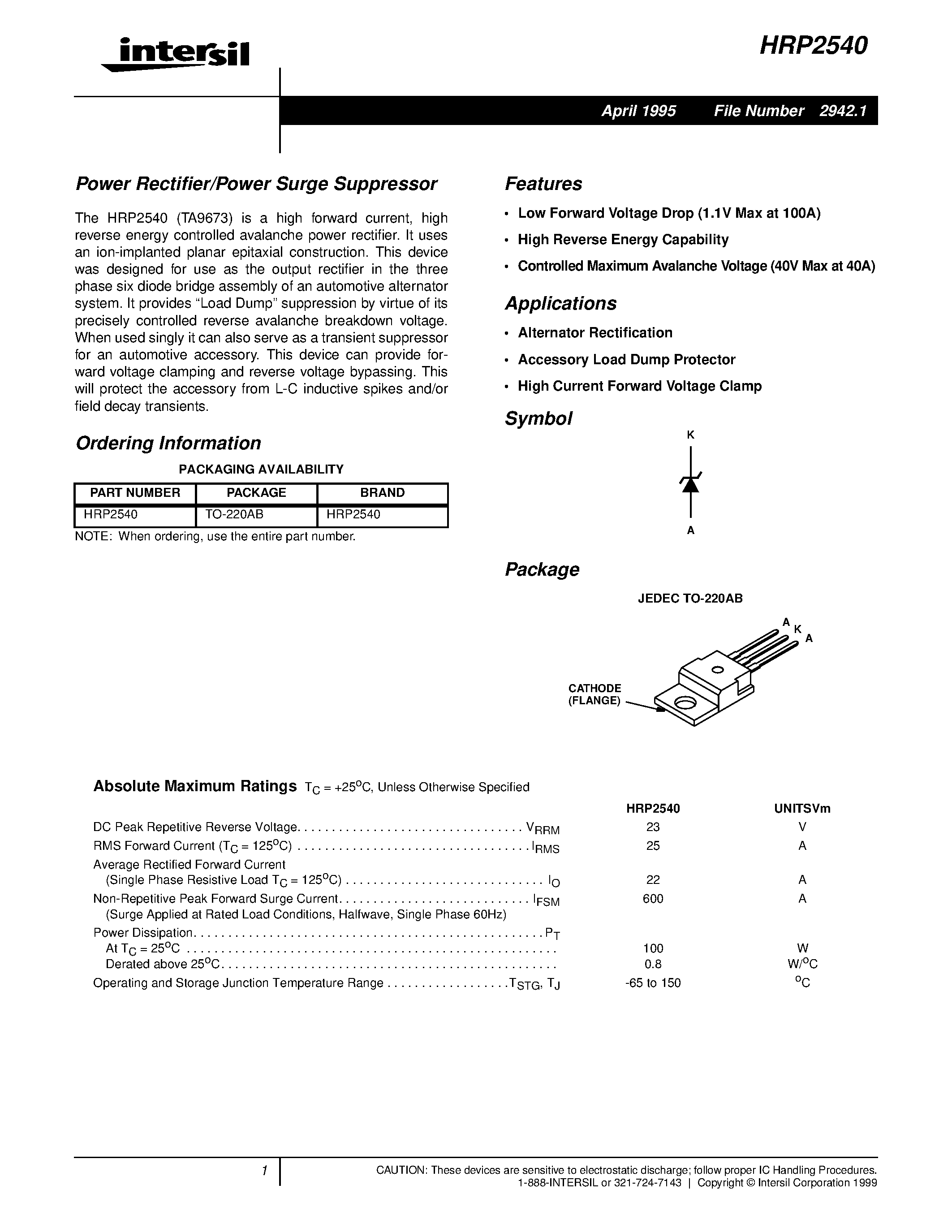 Datasheet HRP2540 page 1 Datasheet HRP2540 - Power Rectifier/Power Surge Suppressor page 1