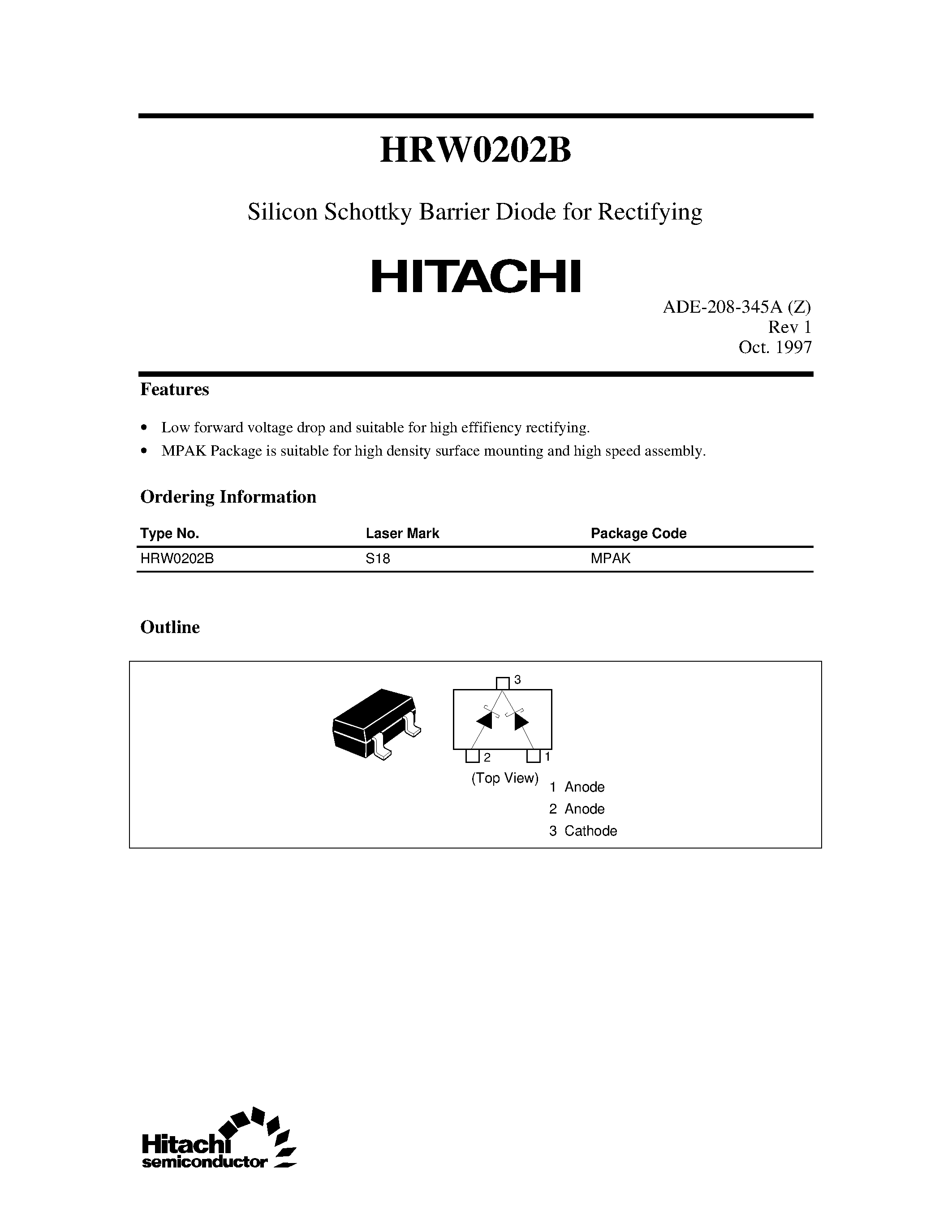 Datasheet HRW0202B page 1 Datasheet HRW0202B - Silicon Schottky Barrier Diode for Rectifying page 1
