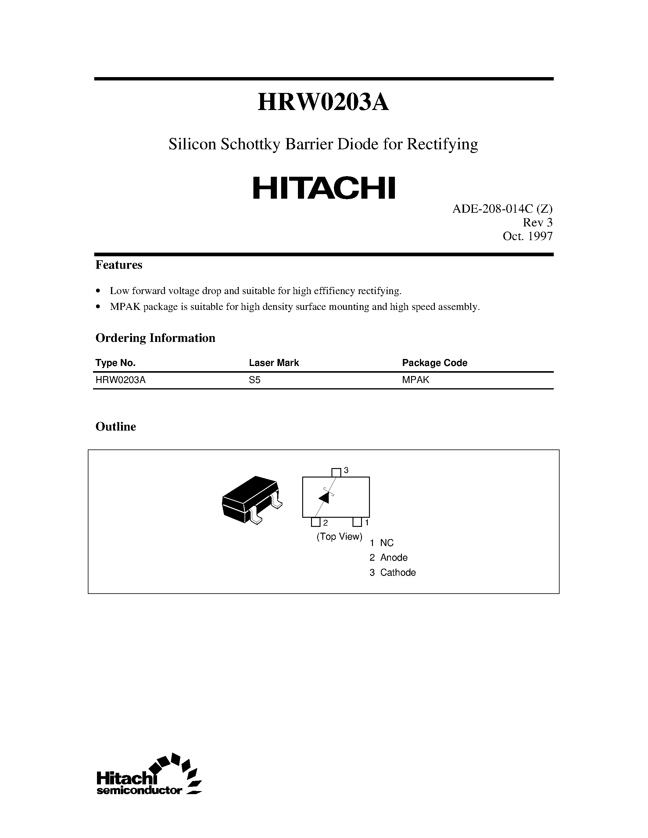 Datasheet HRW0203A - Silicon Schottky Barrier Diode for Rectifying page 1