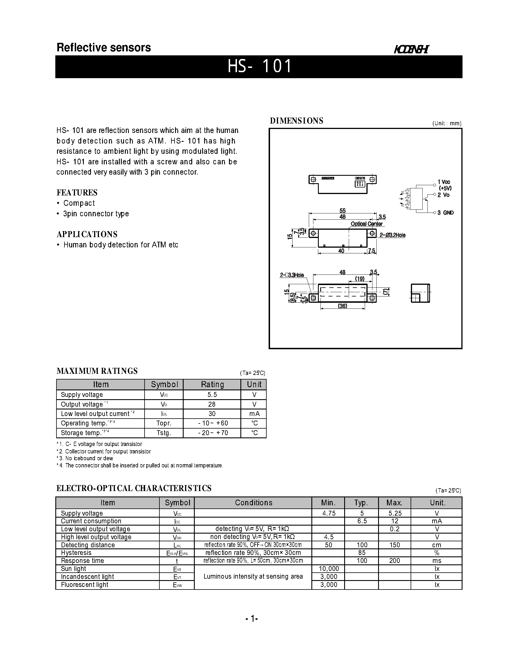 Даташит на микросхему HS-101 страница 1 Даташит HS-101 - Reflective sensors страница 1