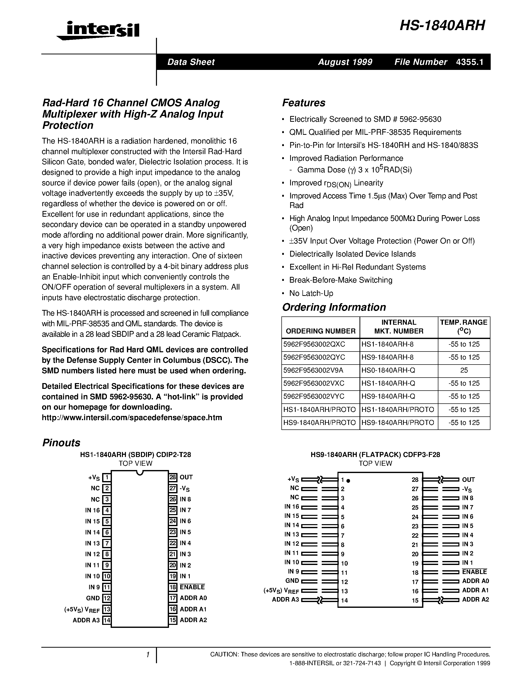 Даташит HS-1840ARH - Rad-Hard 16 Channel CMOS Analog Multiplexer with High-Z Analog Input Protection страница 1