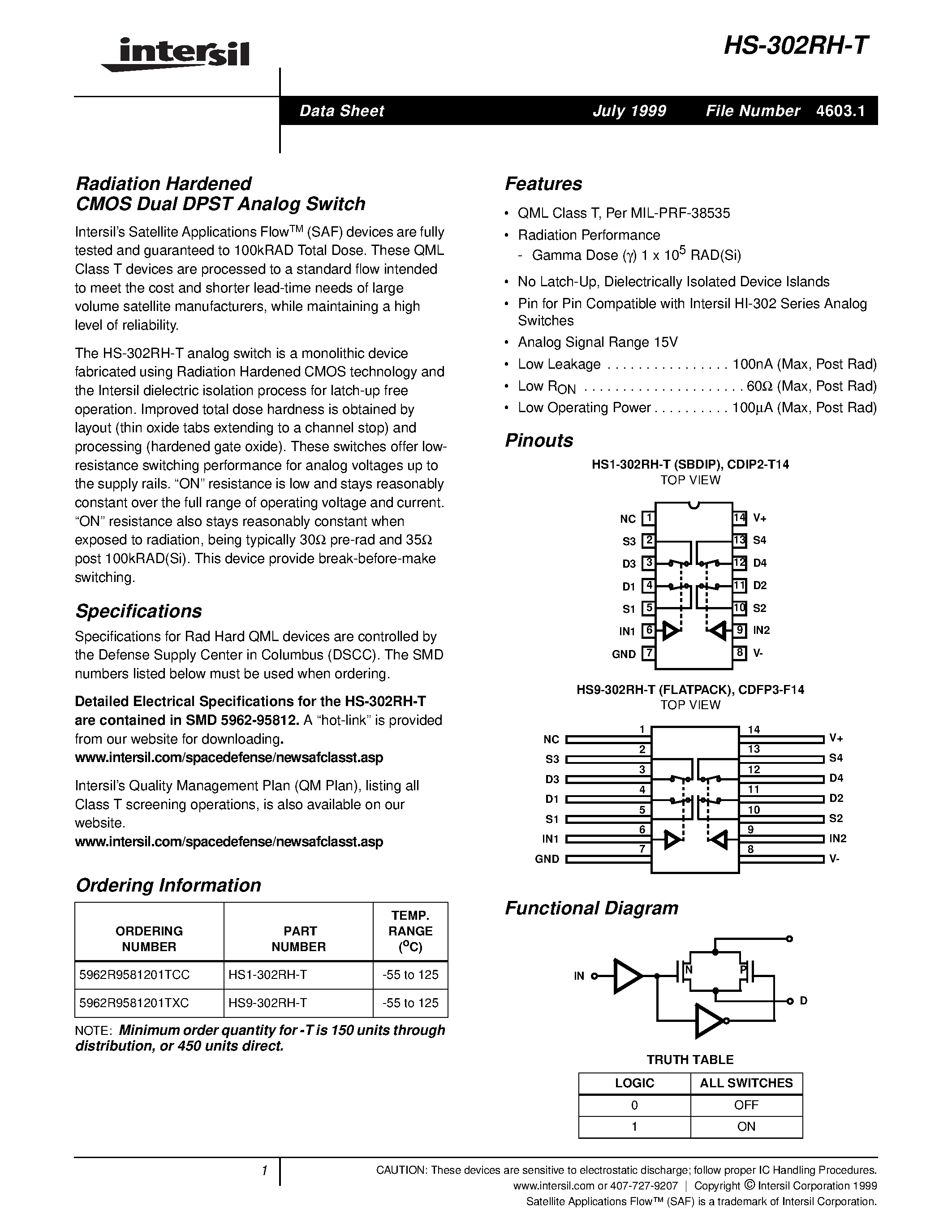 Datasheet HS-302RH-T page 1 Datasheet HS-302RH-T - Radiation Hardened CMOS Dual DPST Analog Switch page 1