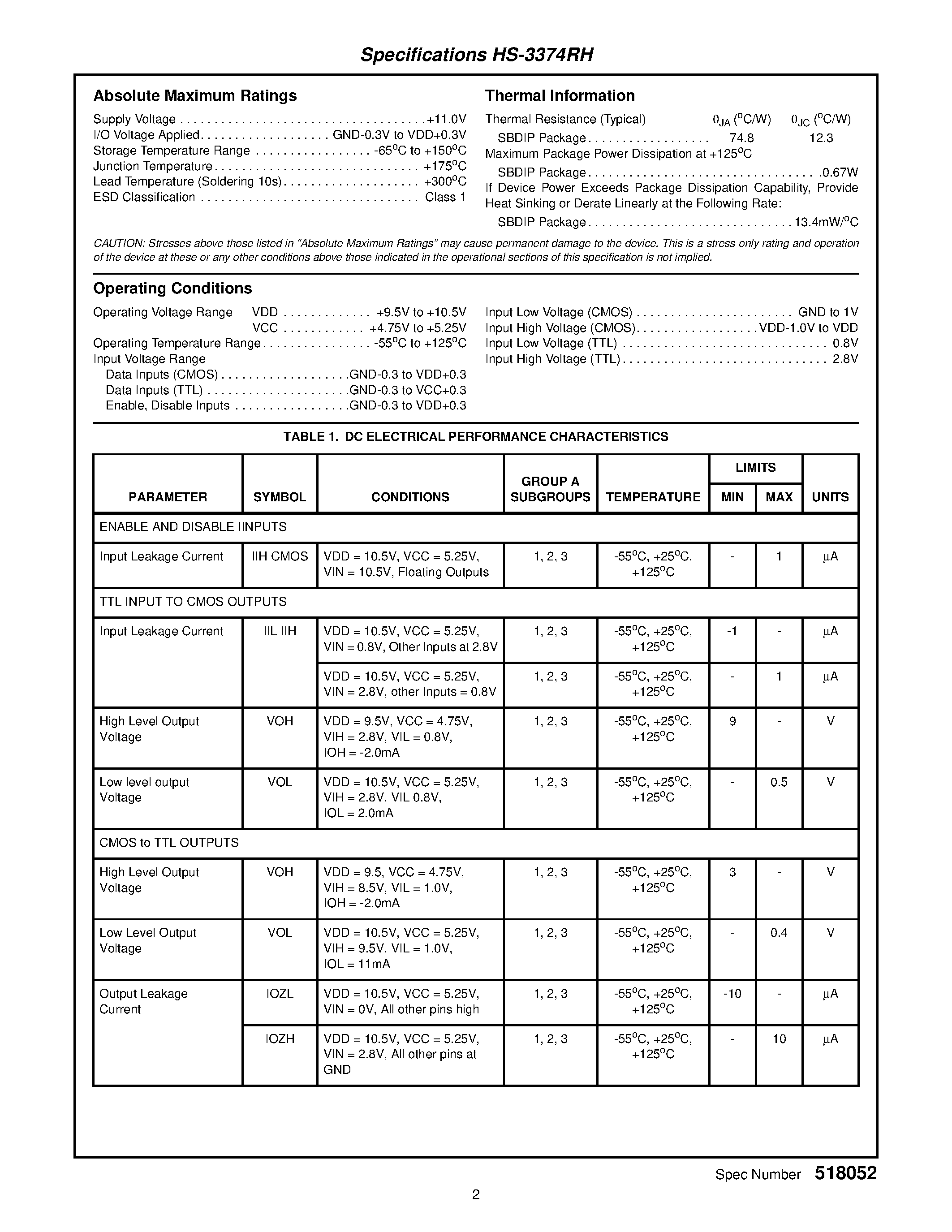 Datasheet HS-3374RH - Radiation Hardened 8-Bit Bidirectional CMOS/TTL Level Converter page 2