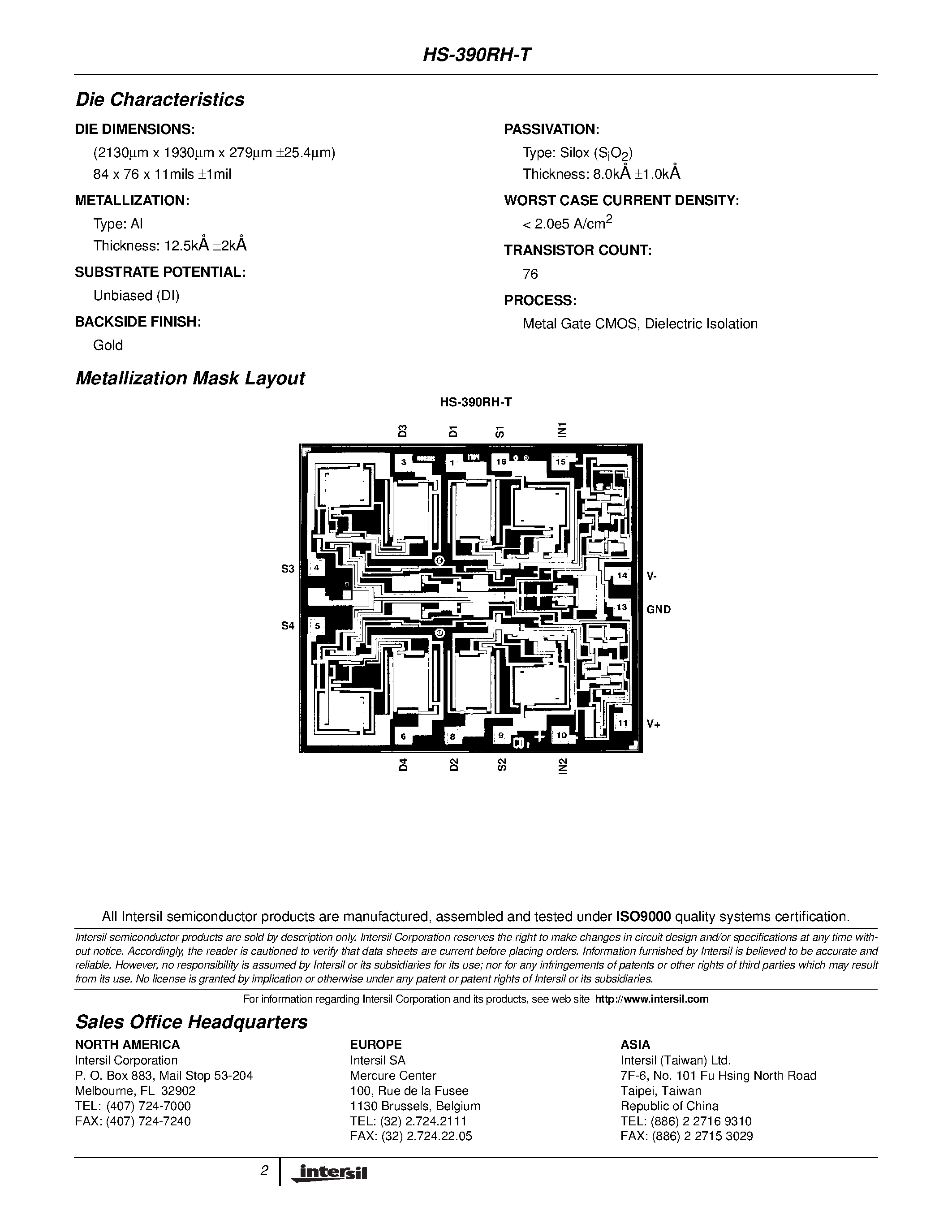Datasheet HS-390RH-T page 2 Datasheet HS-390RH-T - Radiation Hardened CMOS Dual SPDT Analog Switch page 2