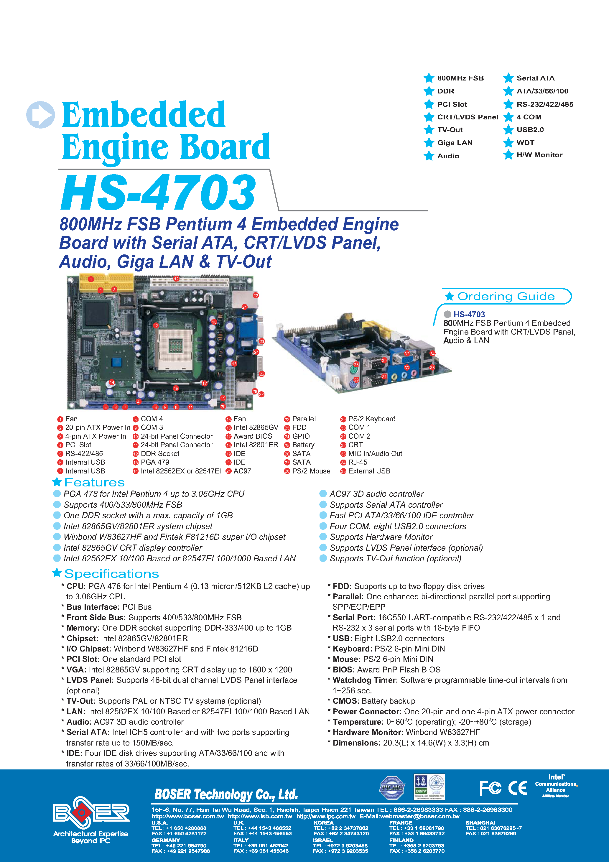 Даташит HS-4703 - 800MHz FSB Pentium 4 Embedded Engine Board With Serial ATA/ CRT/LVDS Panel/ Audio Giga LAN & TV-Out страница 1