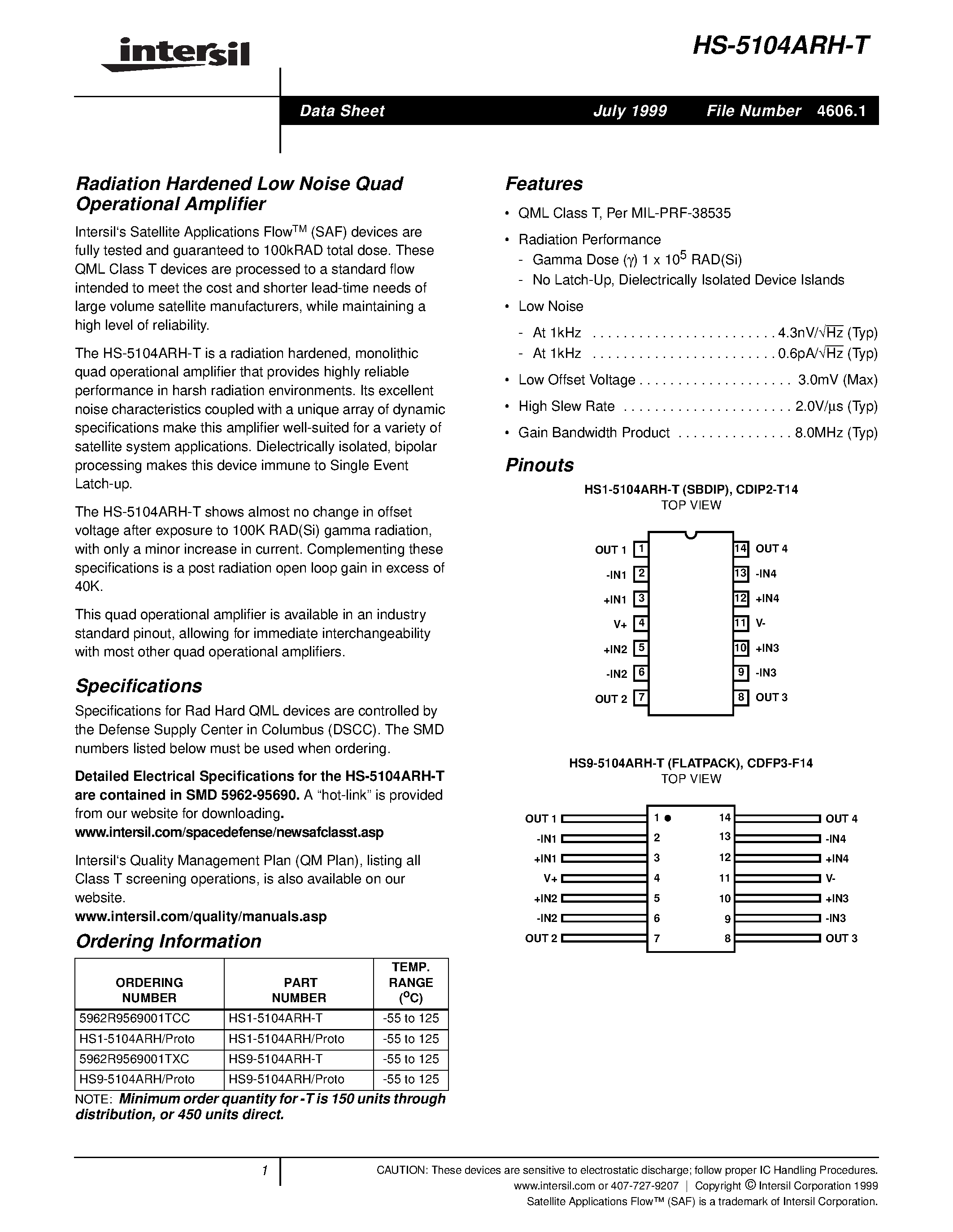Datasheet HS-5104ARH-T - Radiation Hardened Low Noise Quad Operational Amplifier page 1