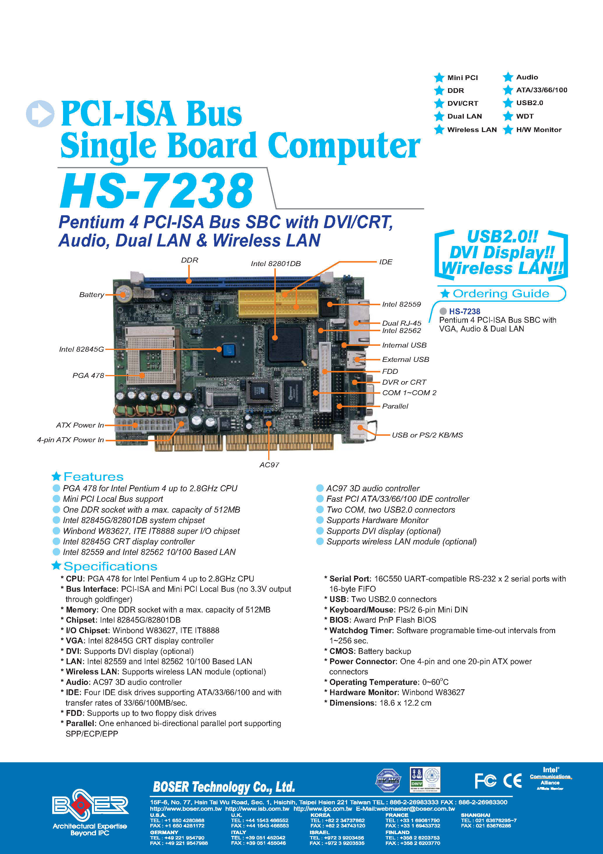 Даташит HS-7238 - Pentium 4 PCI-ISA Bus SBC with DVI/CRT/ Audio Dual LAN & Wireless LAN страница 1