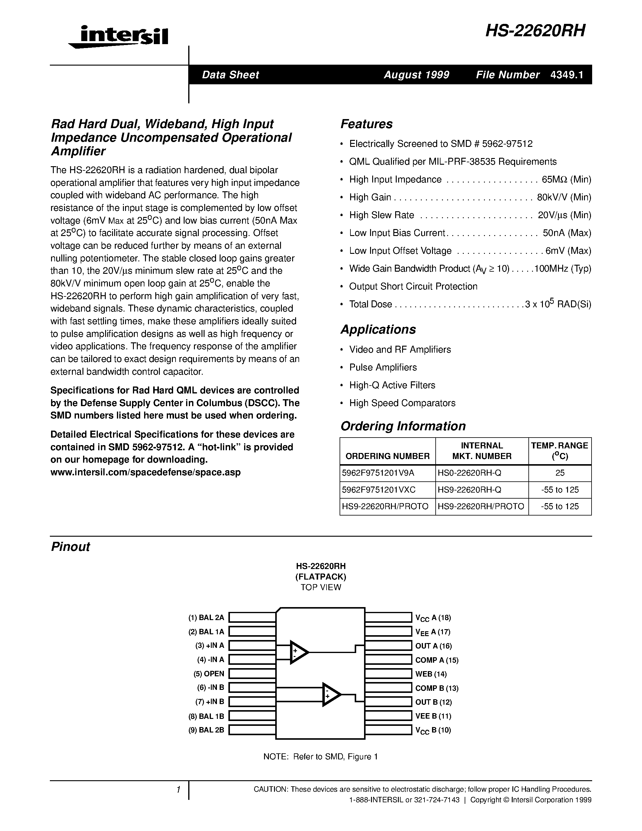 Даташит HS0-22620RH-Q-Rad Hard Dual/ Wideband/ High Input Impedance Uncompensated Operational Amplifier страница 1