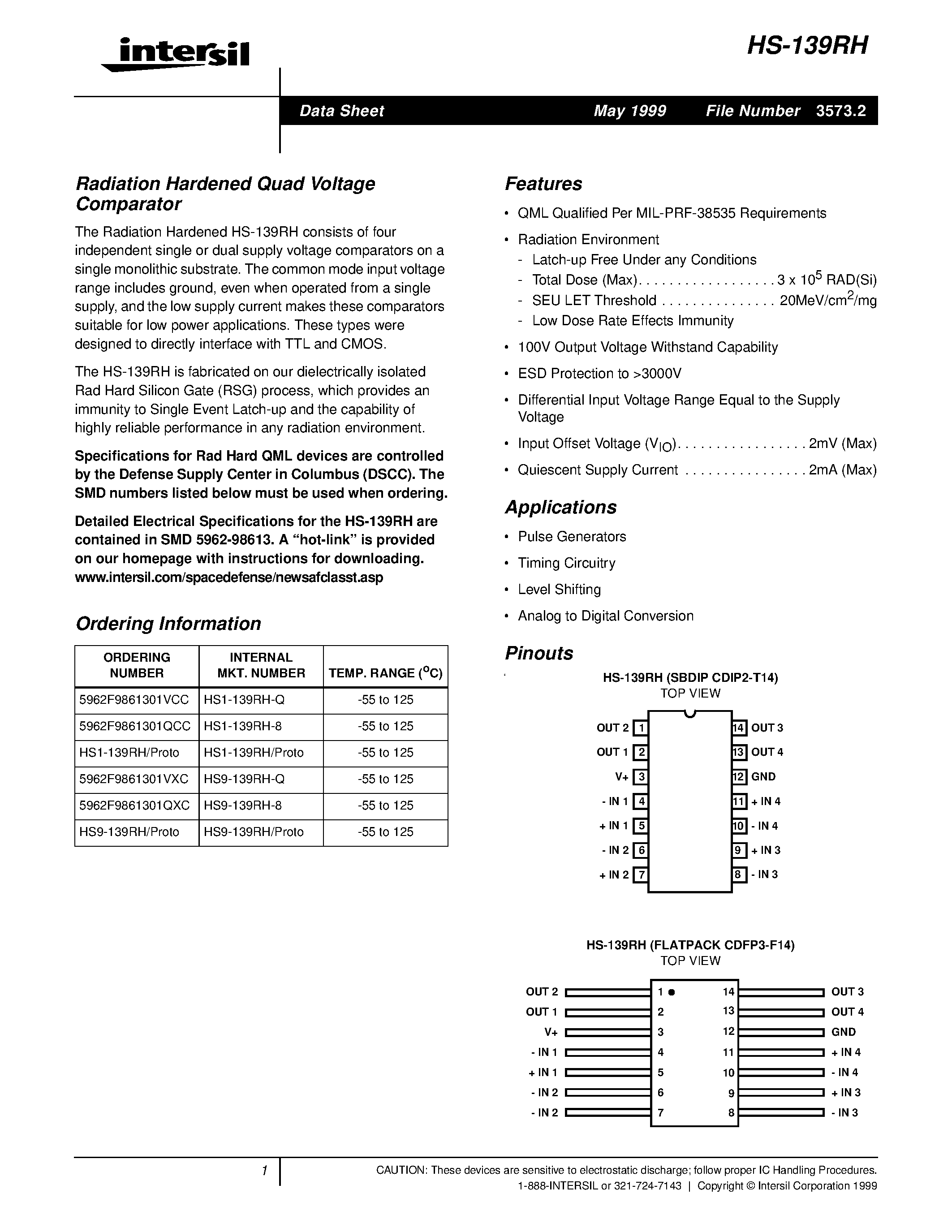 Datasheet HS1-139RH-8 - Radiation Hardened Quad Voltage Comparator page 1