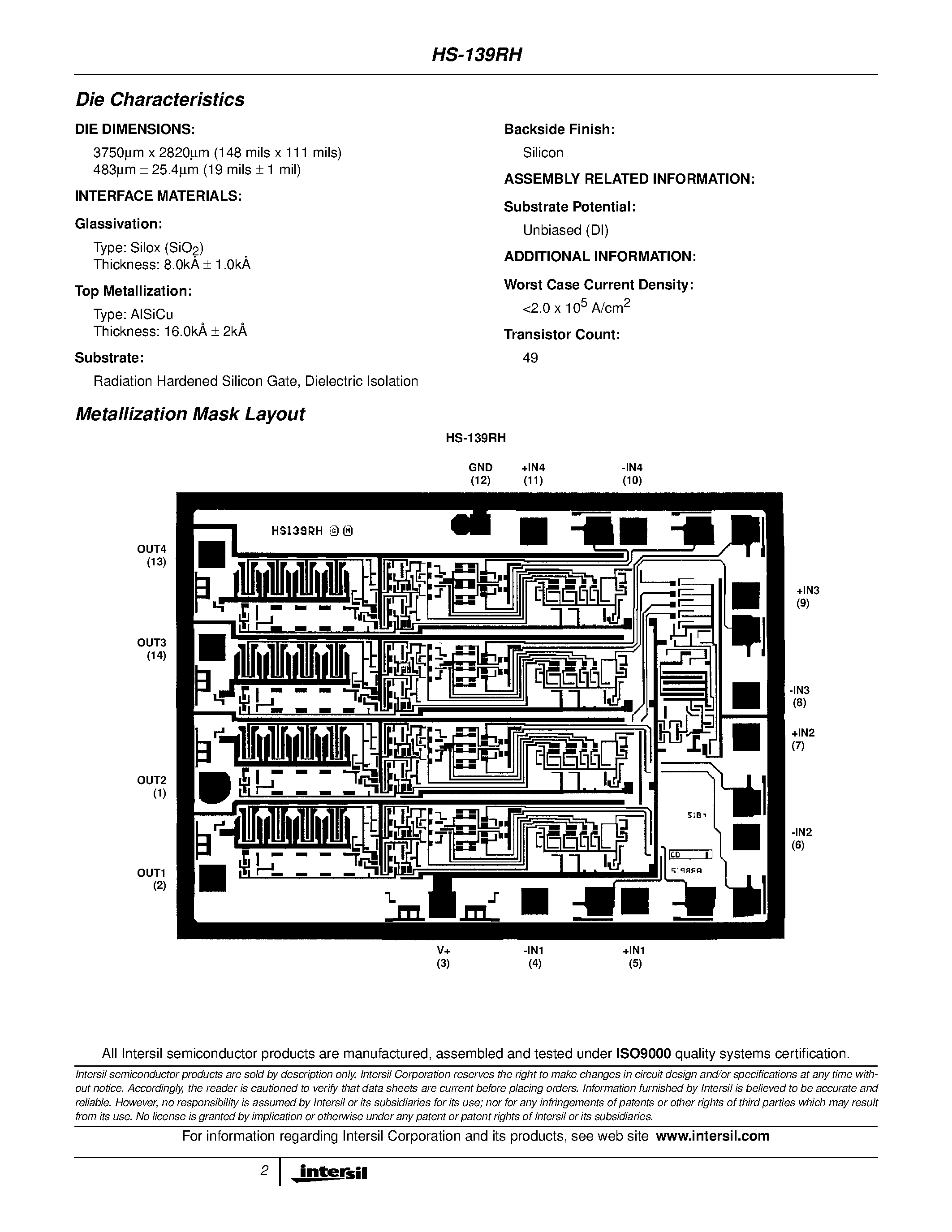 Datasheet HS1-139RH-8 - Radiation Hardened Quad Voltage Comparator page 2