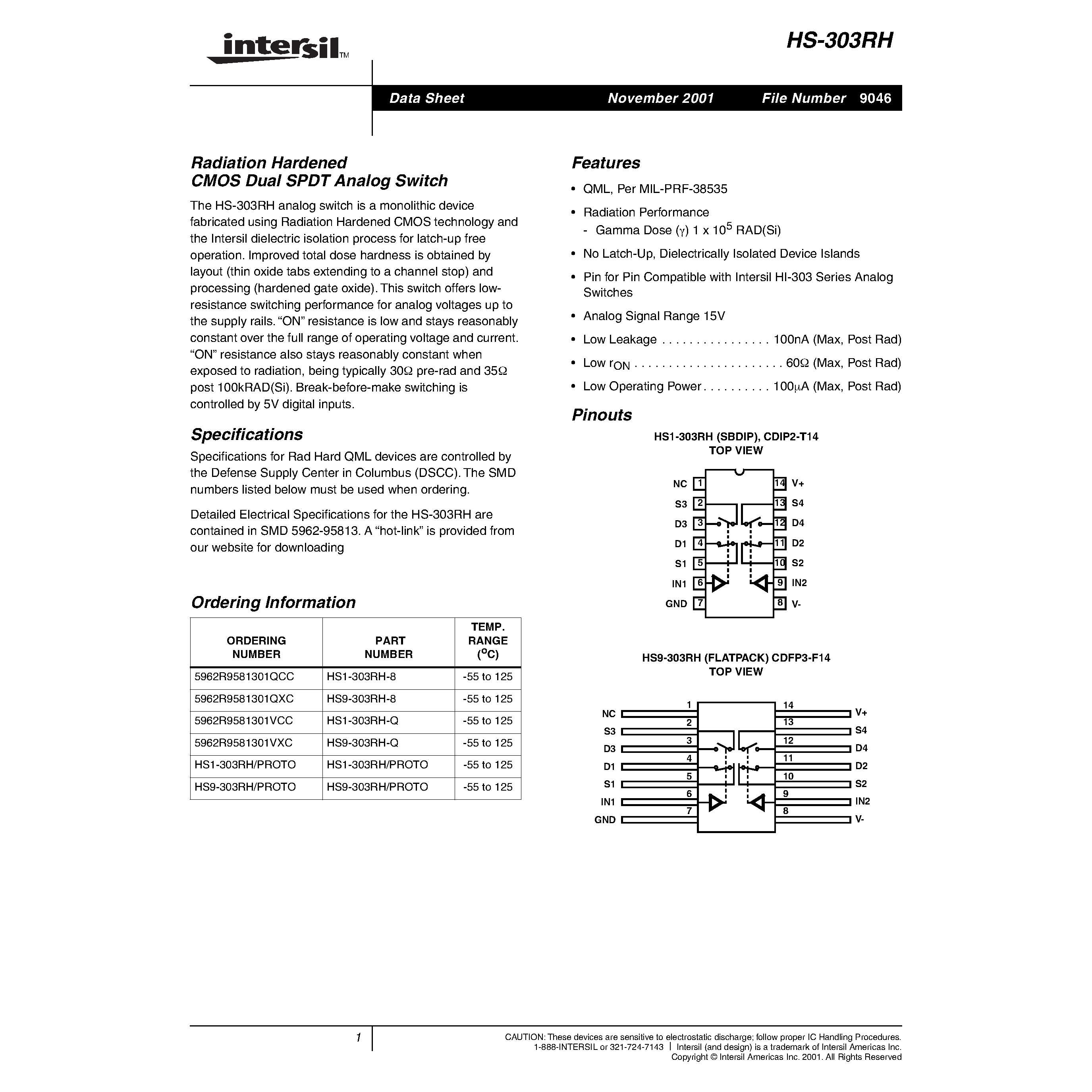 Datasheet HS1-303RH-Q page 1 Datasheet HS1-303RH-Q - Radiation Hardened CMOS Dual SPDT Analog Switch page 1