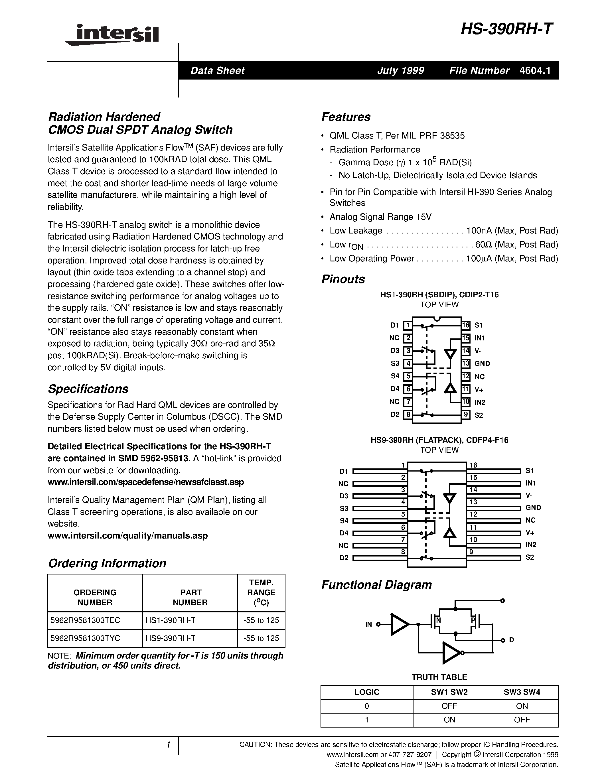 Datasheet HS1-390RH-T page 1 Datasheet HS1-390RH-T - Radiation Hardened CMOS Dual SPDT Analog Switch page 1