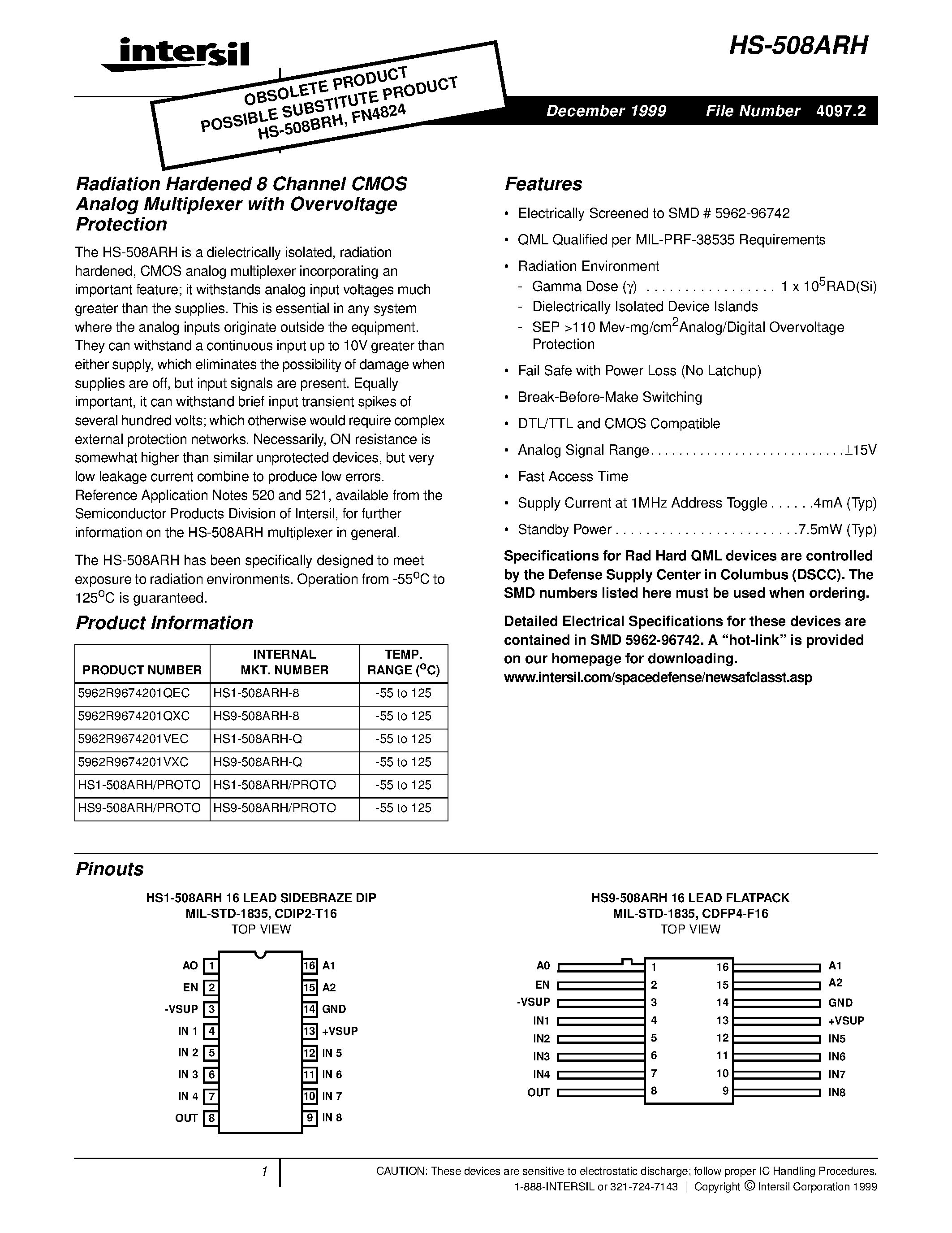 Даташит на микросхему HS1-508ARH-8 страница 1 Даташит HS1-508ARH-8 - Radiation Hardened 8 Channel CMOS Analog Multiplexer with Overvoltage Protection страница 1