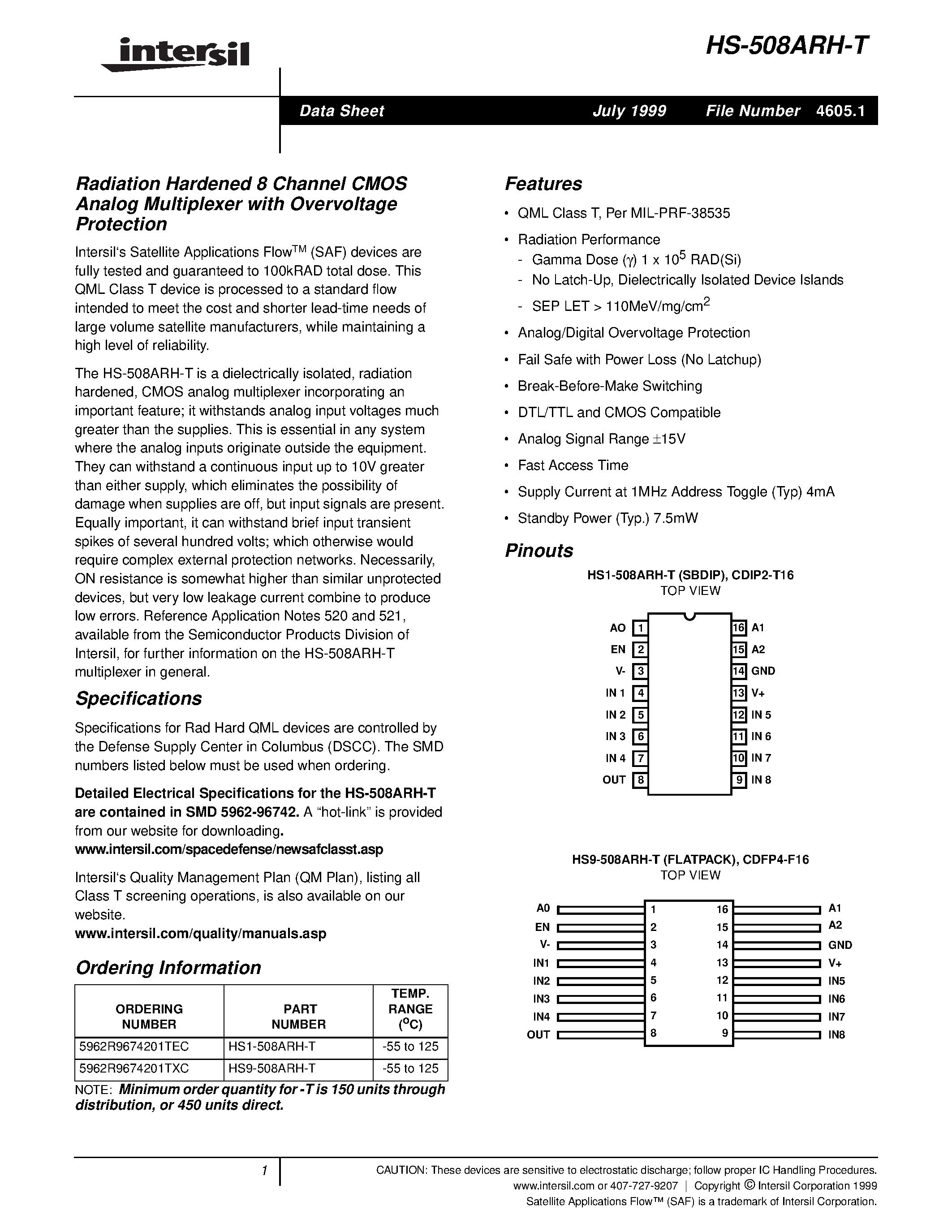Datasheet HS1-508ARH-T page 1 Datasheet HS1-508ARH-T - Radiation Hardened 8 Channel CMOS Analog Multiplexer with Overvoltage Protection page 1