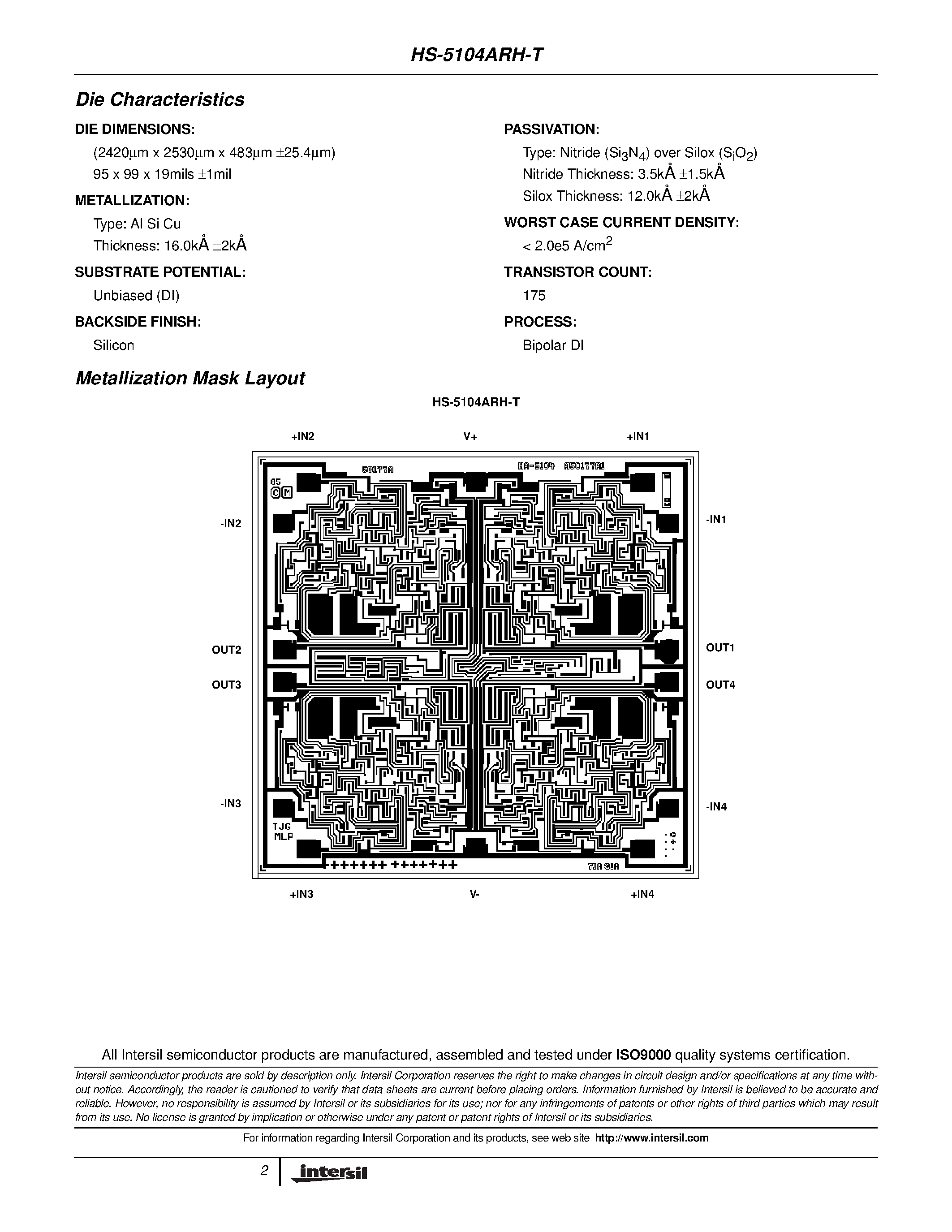 Datasheet HS1-5104ARH-T page 2 Datasheet HS1-5104ARH-T - Radiation Hardened Low Noise Quad Operational Amplifier page 2