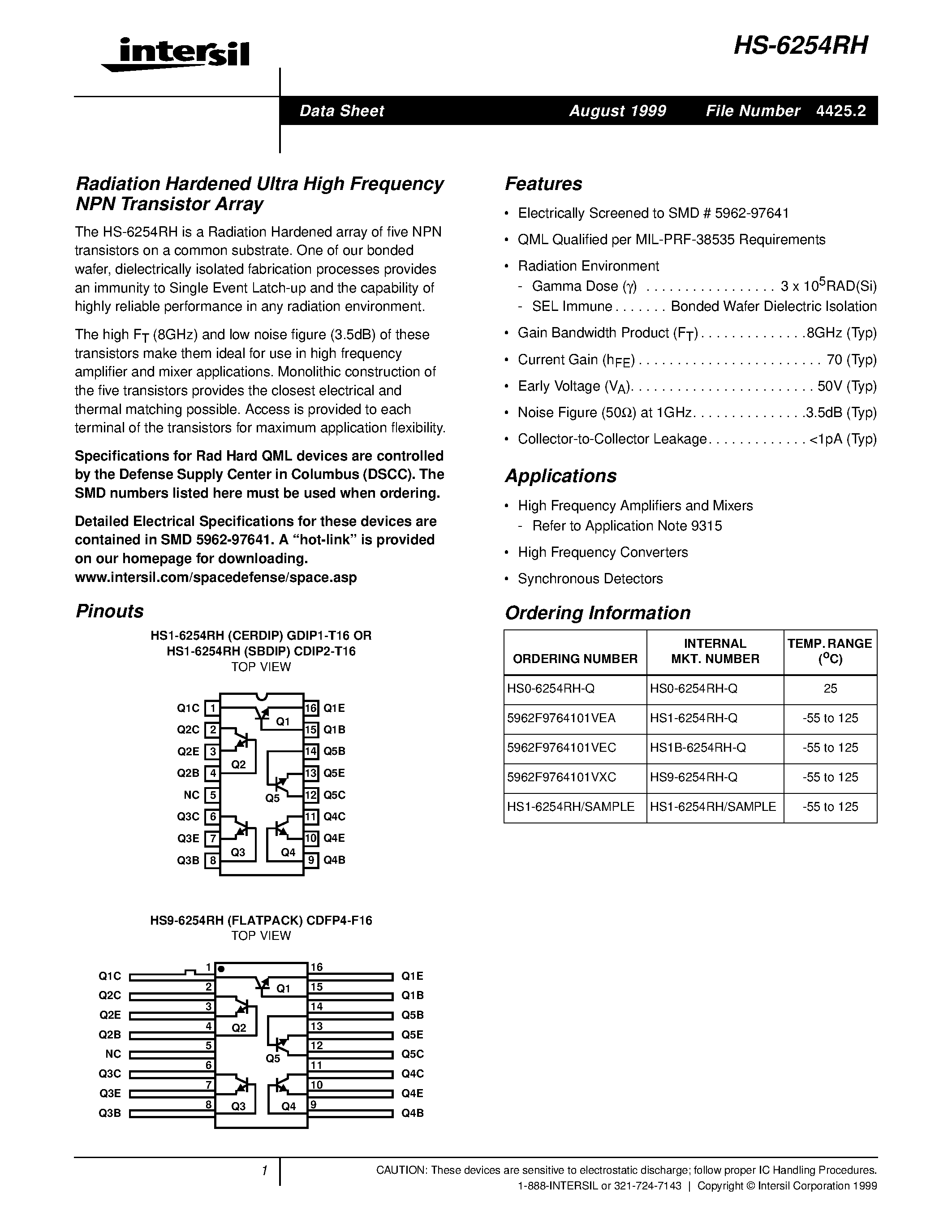 Datasheet HS1-6254RH-Q page 1 Datasheet HS1-6254RH-Q - Radiation Hardened Ultra High Frequency NPN Transistor Array page 1