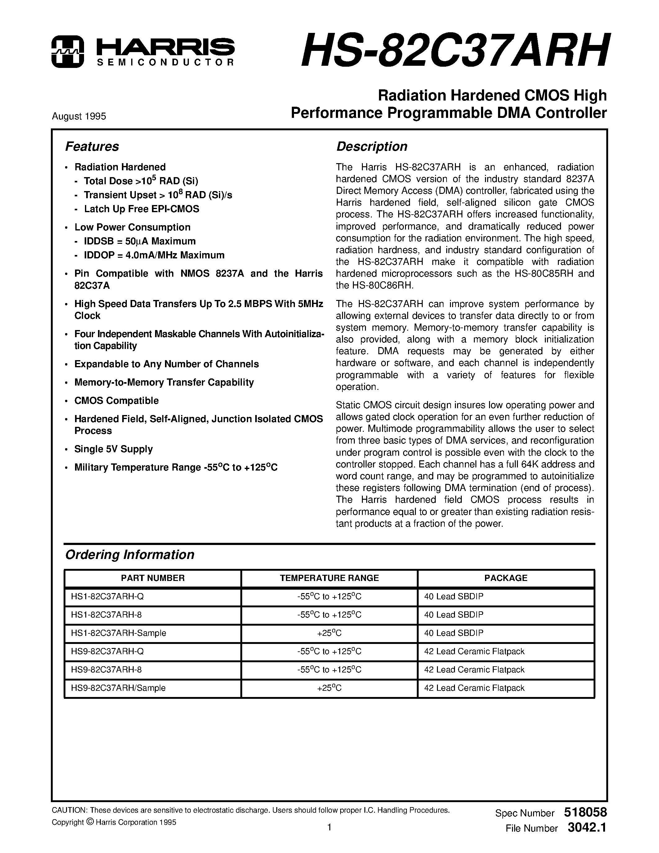 Datasheet HS1-82C37ARH-8 - Radiation Hardened CMOS High Performance Programmable DMA Controller page 1