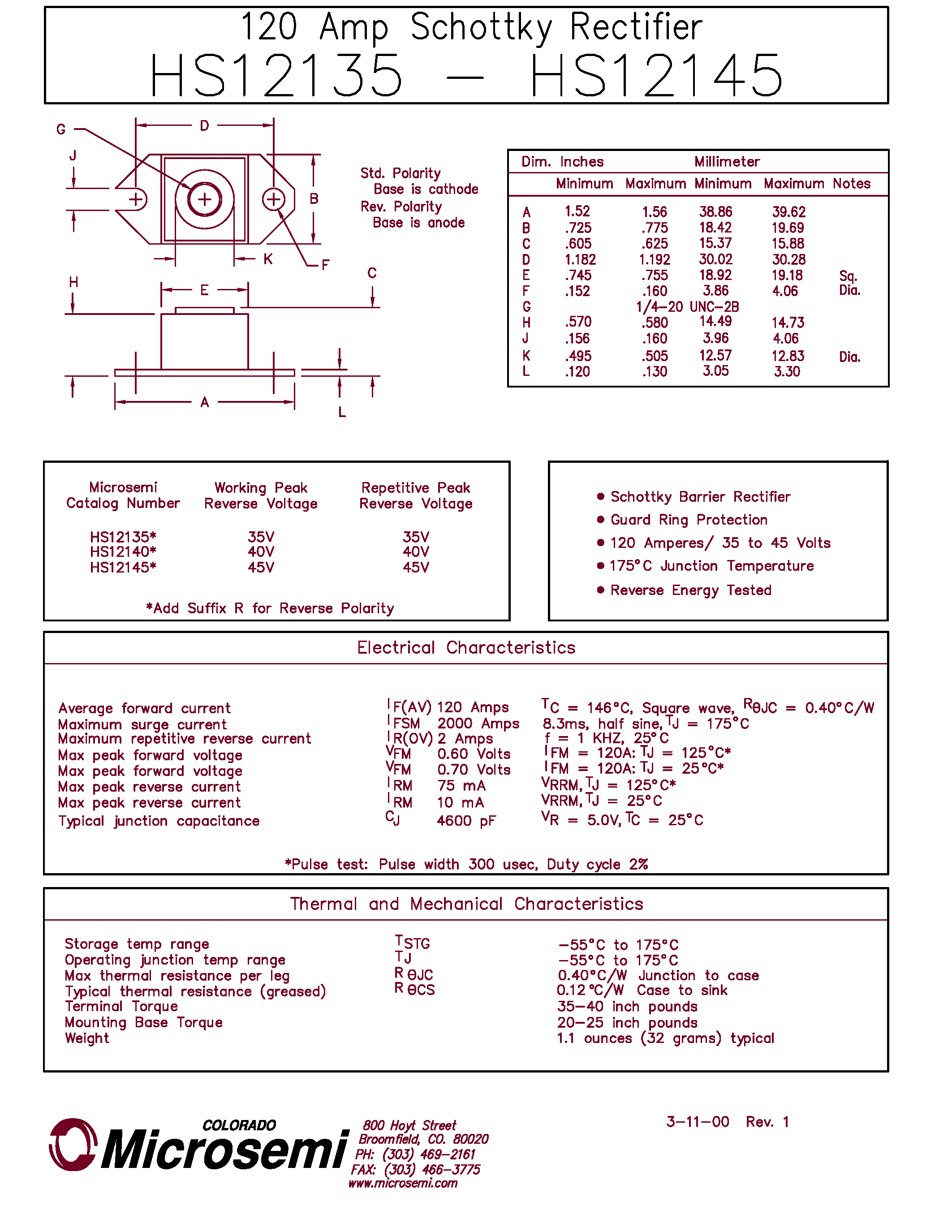 Datasheet HS12145 page 1 Datasheet HS12145 - 120 Amp Schottky Rectifier page 1