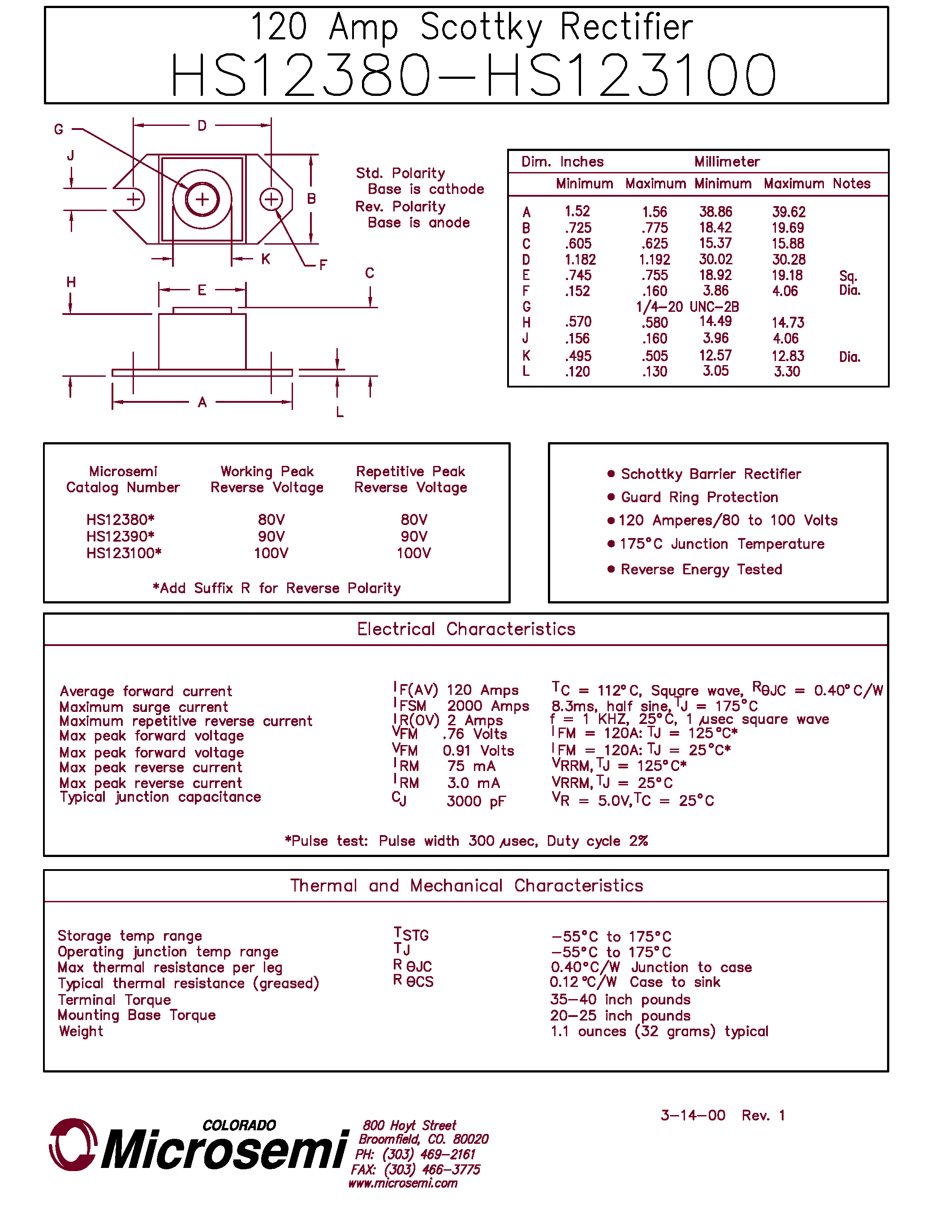 Datasheet HS12380 page 1 Datasheet HS12380 - 120 Amp Schottky Rectifier page 1