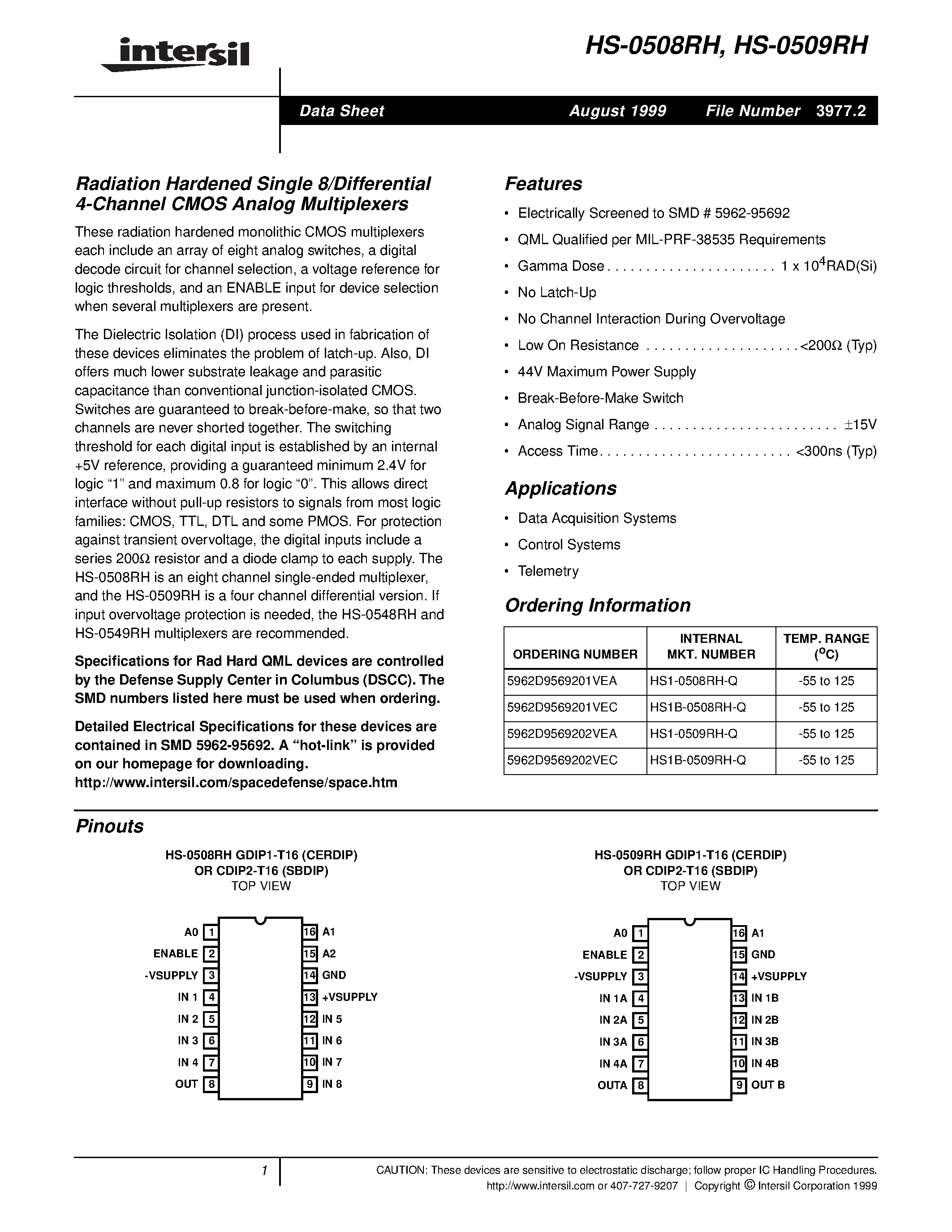 Datasheet HS1B-0509RH-Q page 1 Datasheet HS1B-0509RH-Q - Radiation Hardened Single 8/Differential 4-Channel CMOS Analog Multiplexers page 1