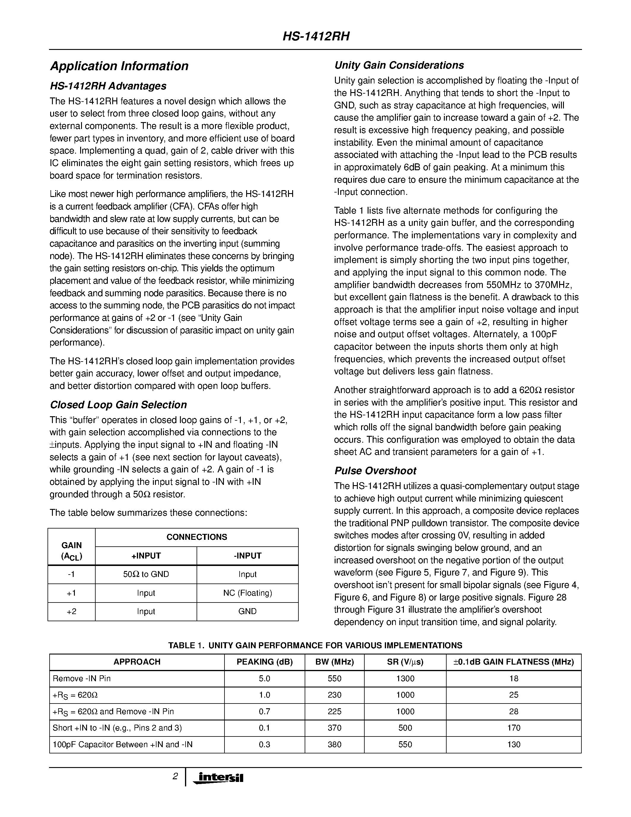 Datasheet HS1B-1412RH-Q page 2 Datasheet HS1B-1412RH-Q - Radiation Hardened/ Quad/ High Speed/ Low Power/ Video Closed Loop Buffer page 2