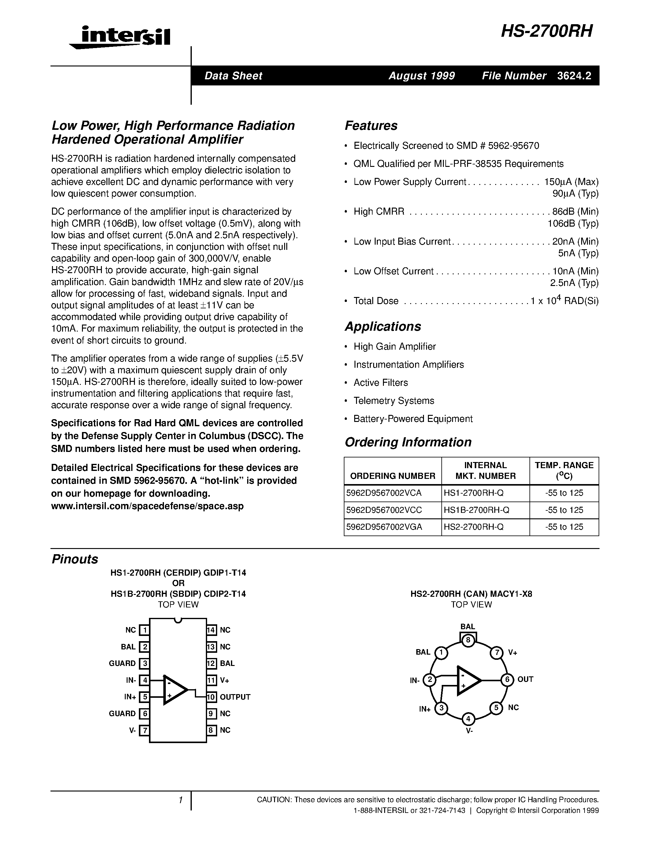 Datasheet HS2-2700RH-Q page 1 Datasheet HS2-2700RH-Q - Low Power/ High Performance Radiation Hardened Operational Amplifier page 1