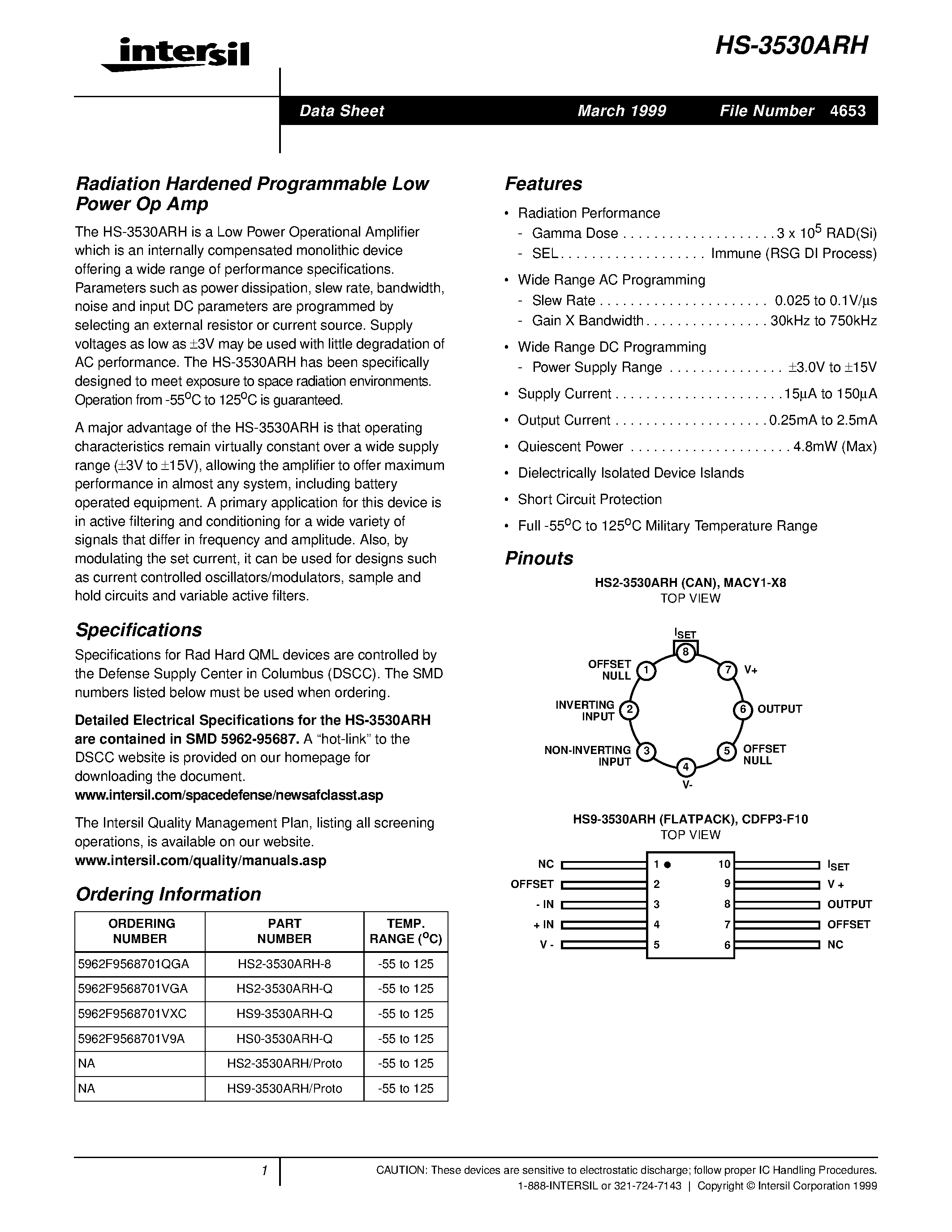 Datasheet HS2-3530ARH-8 - Radiation Hardened Programmable Low Power Op Amp page 1