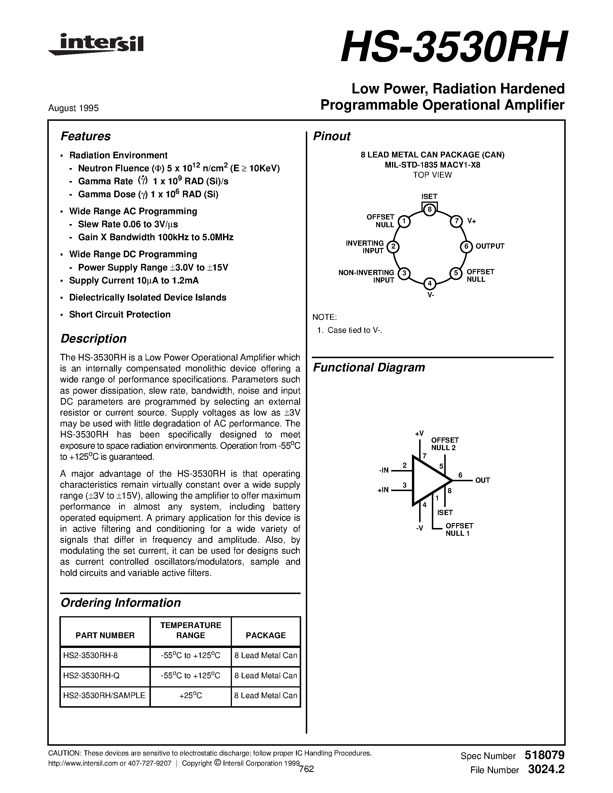 Datasheet HS2-3530RH-8 - Low Power/ Radiation Hardened Programmable Operational Amplifier page 1