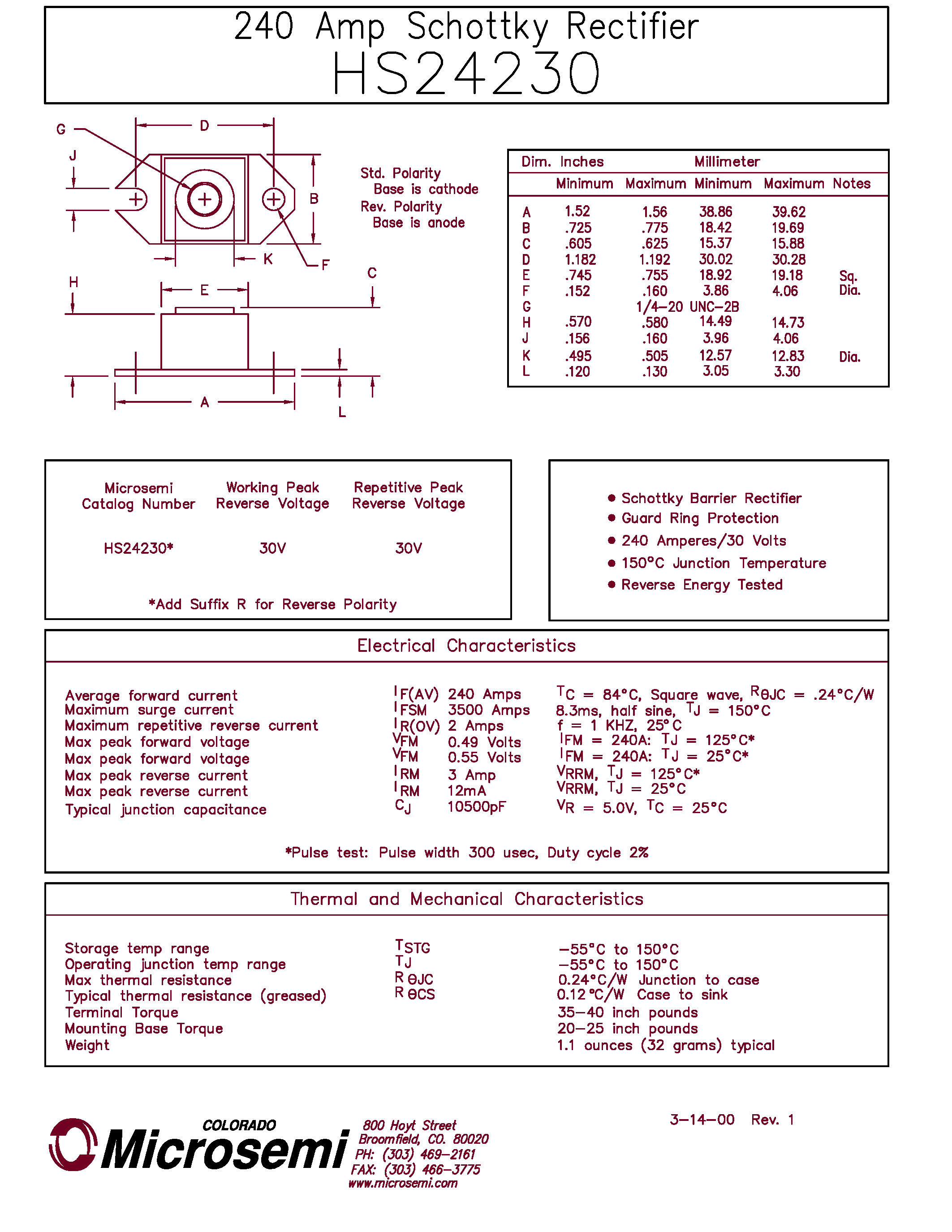 Datasheet HS24230 page 1 Datasheet HS24230 - 240 Amp Schottky Rectifier page 1